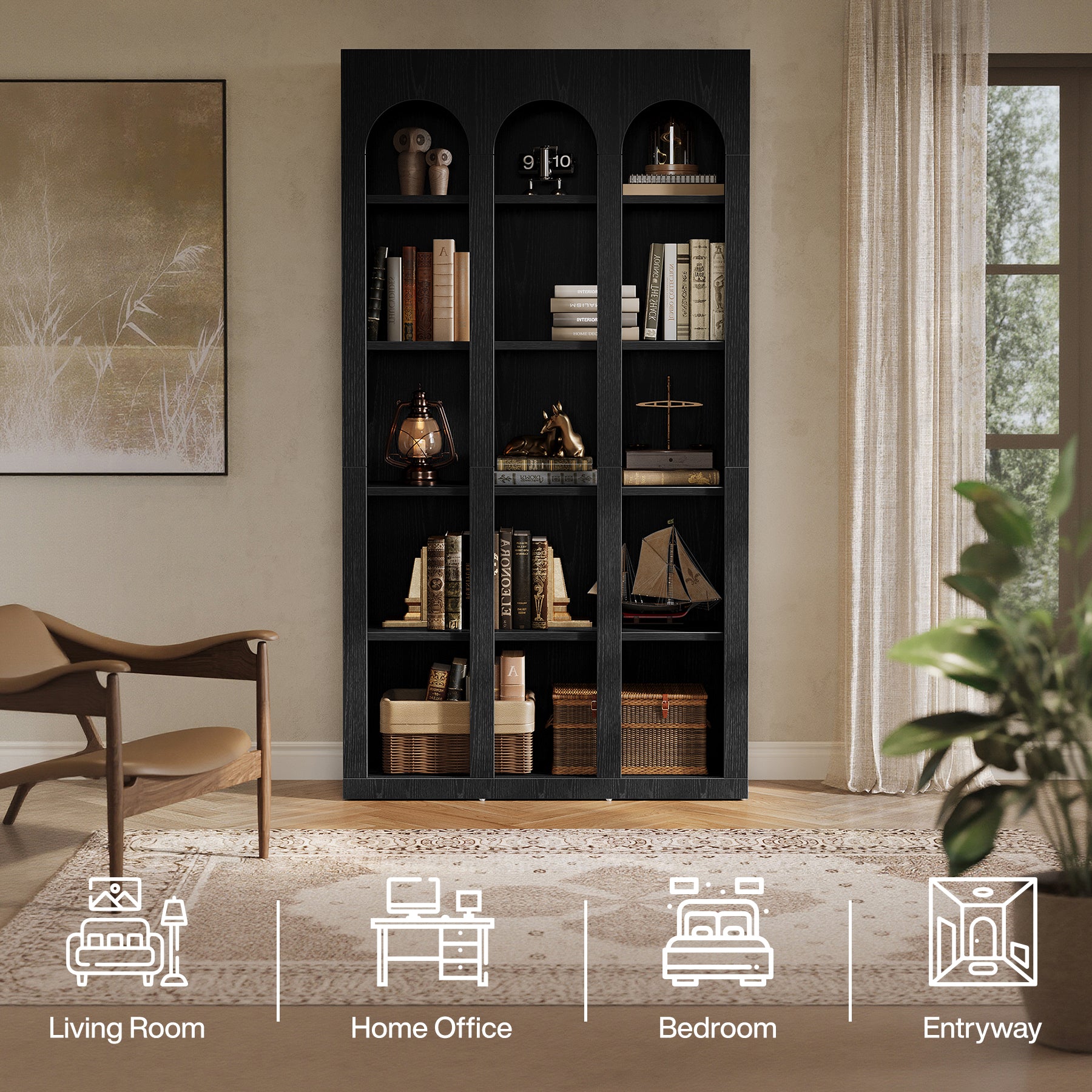 70.8" Arched 5-Tier Bookshelf with Open Shelves, Vintage Farmhouse Style Tall Display Bookcase