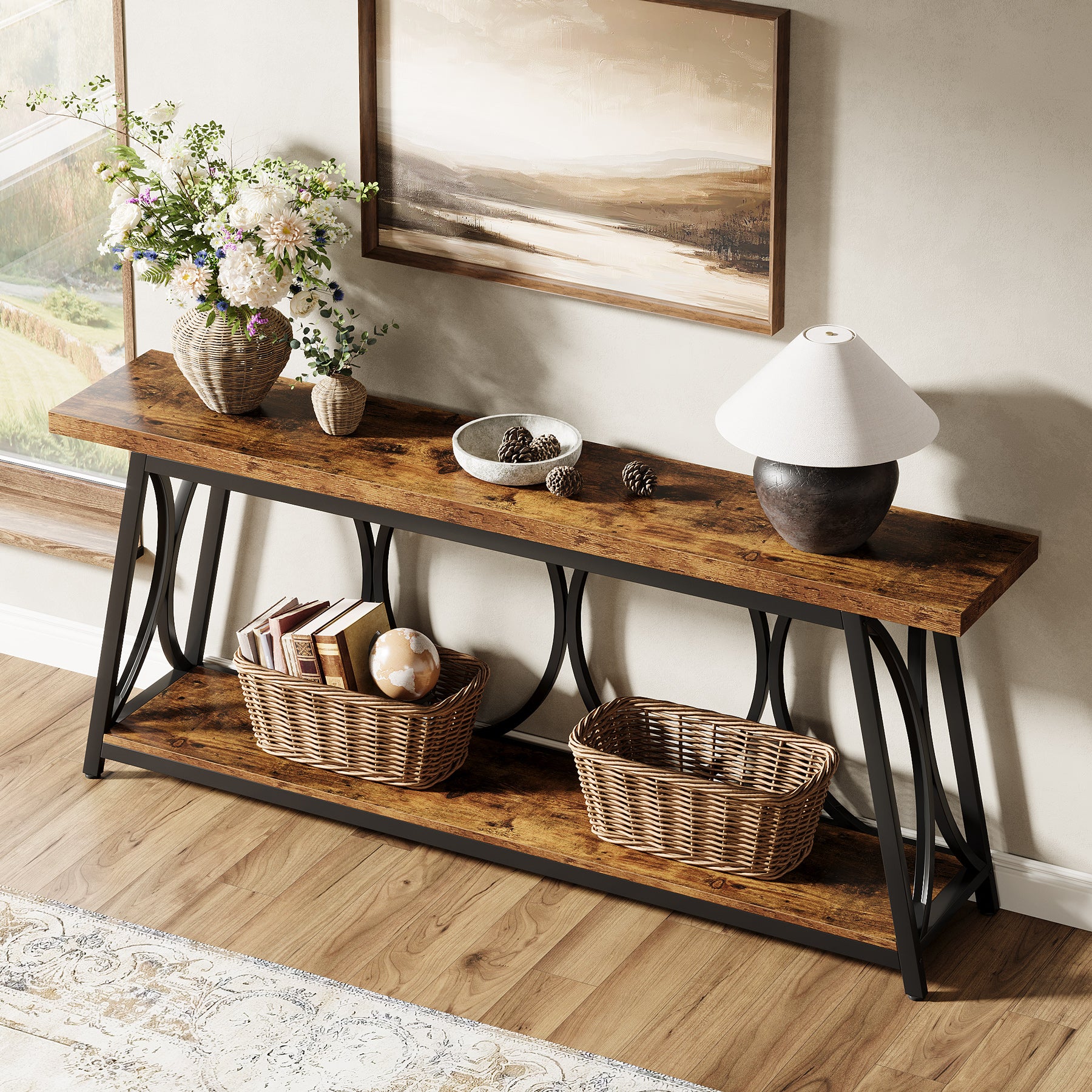 70.9" 2-Tier Industrial Console Table, Sofa Table with Shelves for Living Room or Entryway