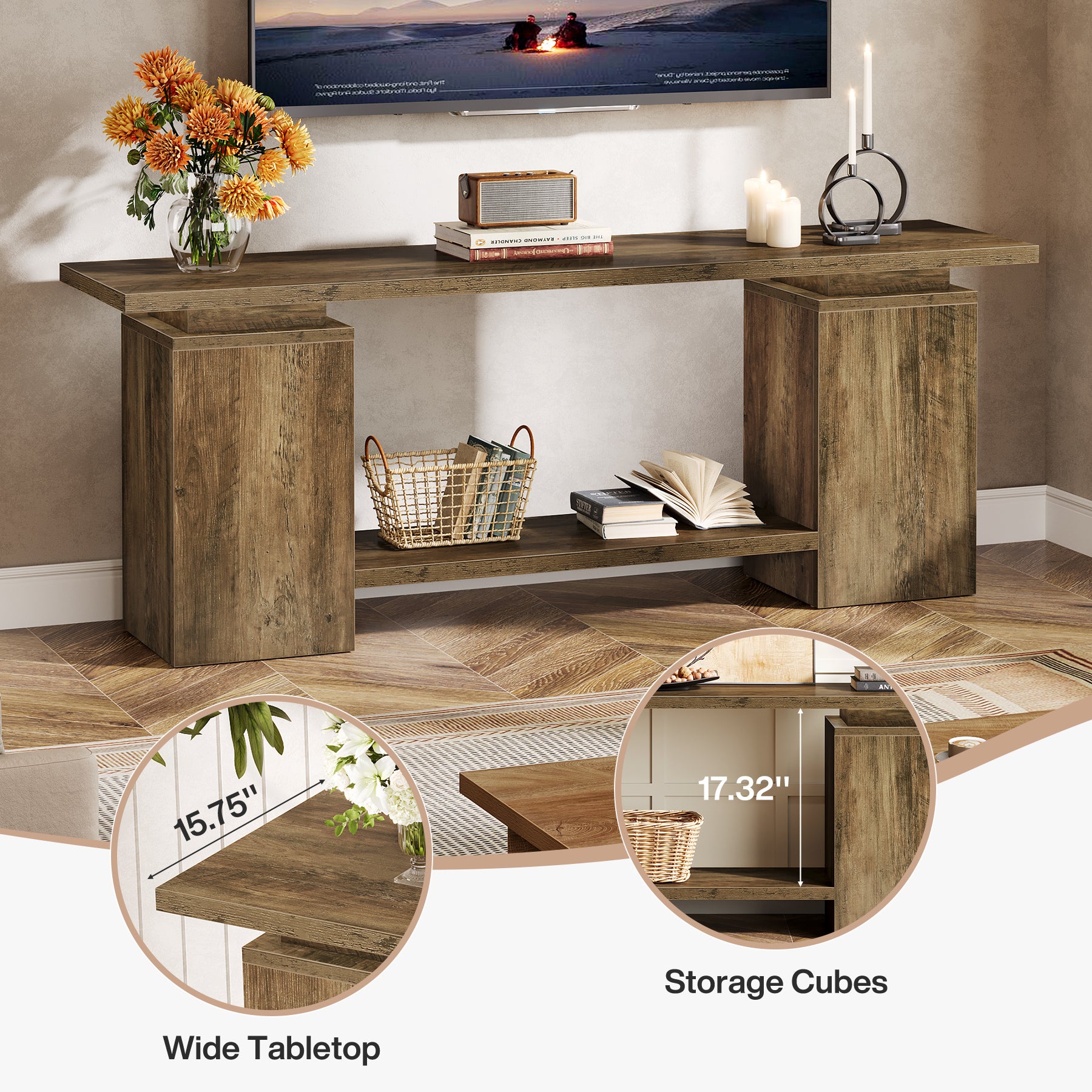 63" Farmhouse TV Stand for up to 65" TVs, Rustic Wood Media Console with Open Shelf, Heavy-Duty Entertainment Center