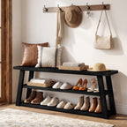 63" Solid Wood Entryway Bench with Storage, 3-Tier Shoe Bench with Open Shelves