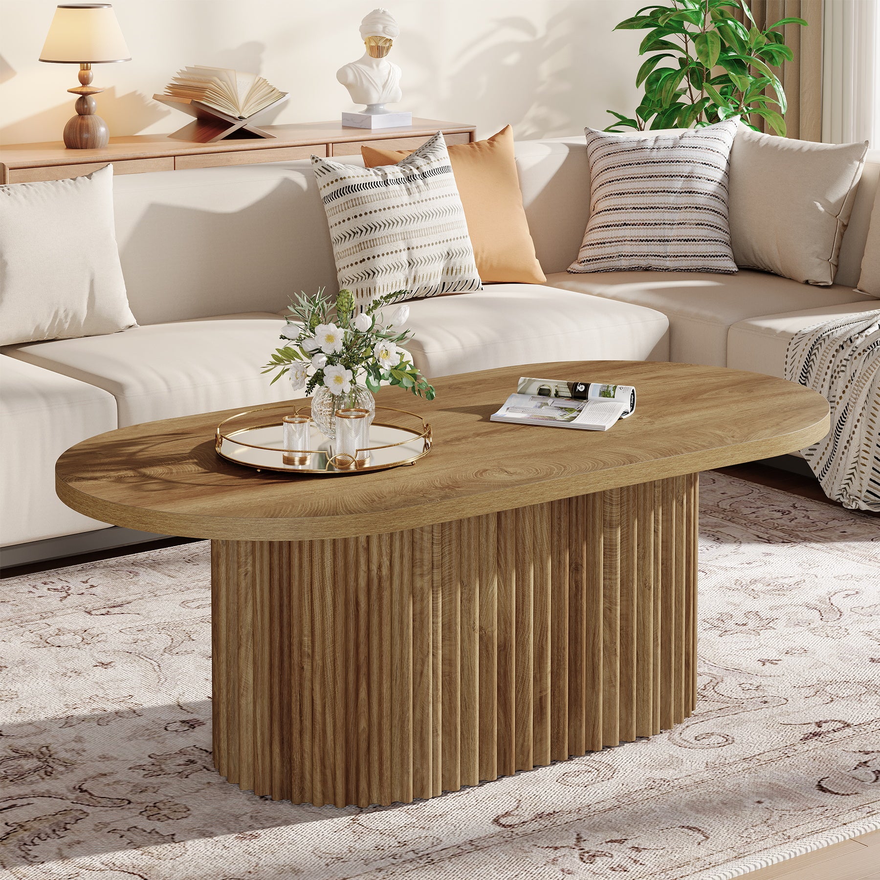 47.2" Oval Coffee Table, Farmhouse Center Table with Fluted Design