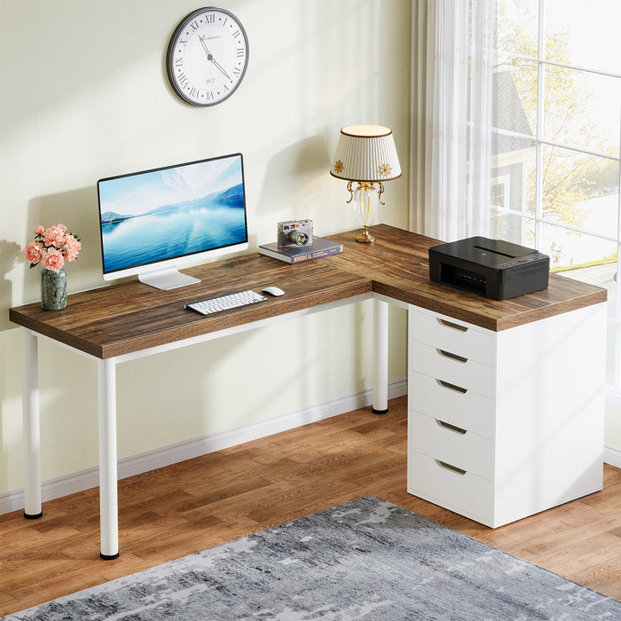 55" Computer Desk, L-Shaped Corner Desk Office Desk with 5 Drawers