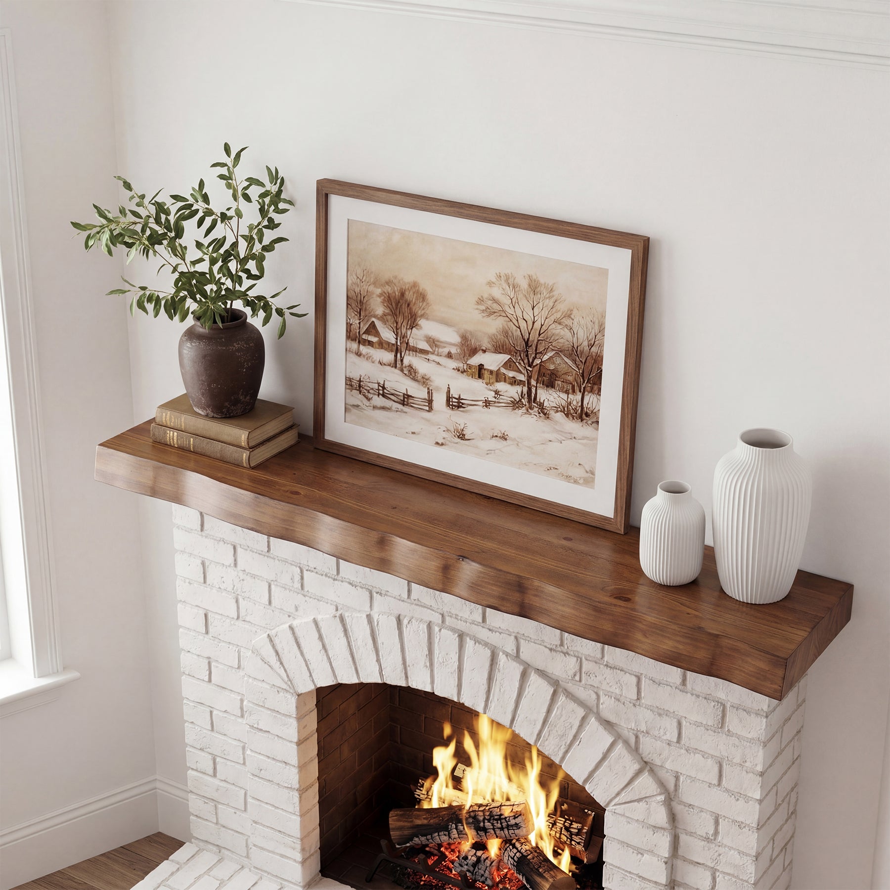 63" Solid Wood Floating Mantel Shelf with Live Edge, Rustic Fireplace Mantel & Wall Shelf for Living Room