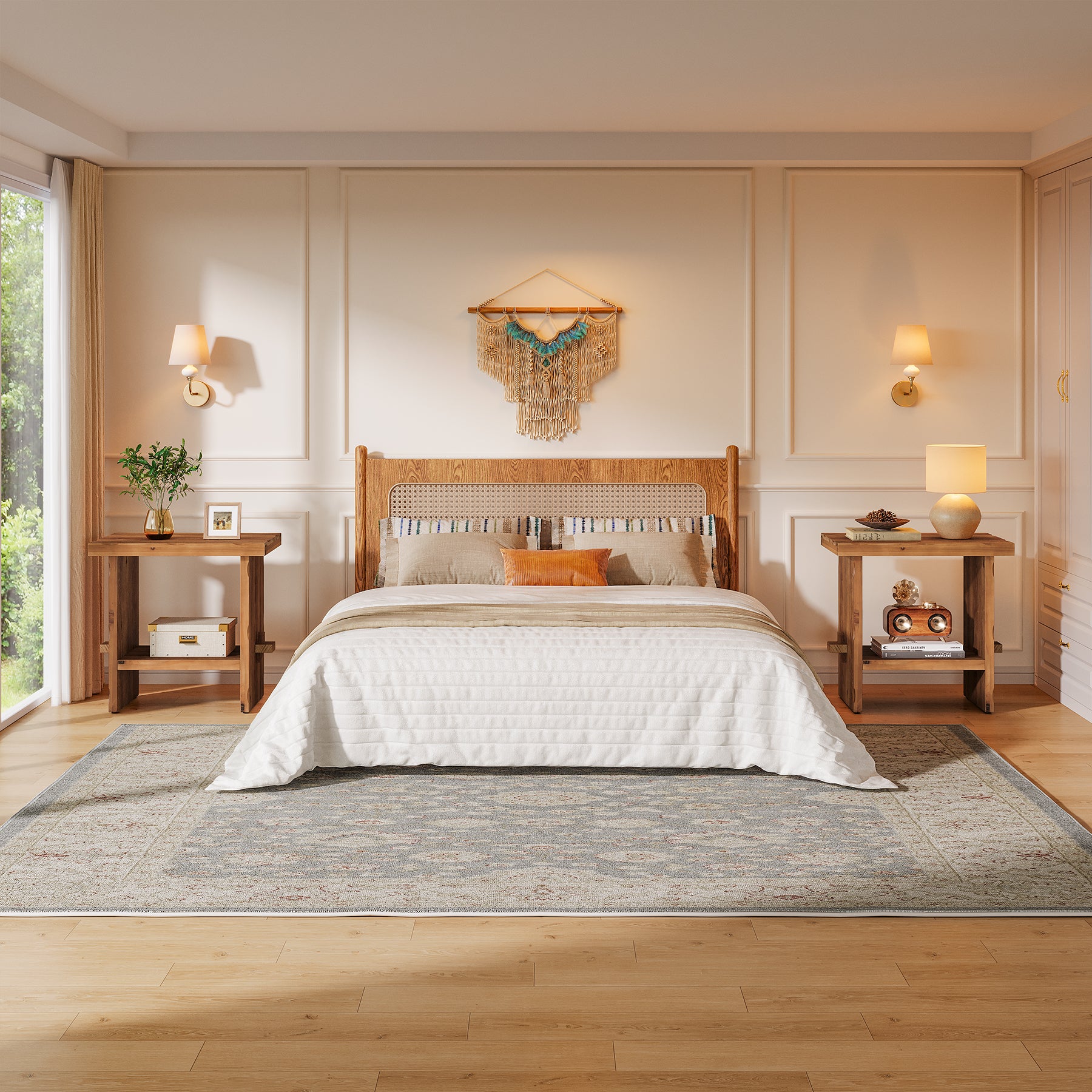 23.62-Inch Solid Wood Nightstand with Storage, Farmhouse Bedside Table with Wooden Base for Bedroom