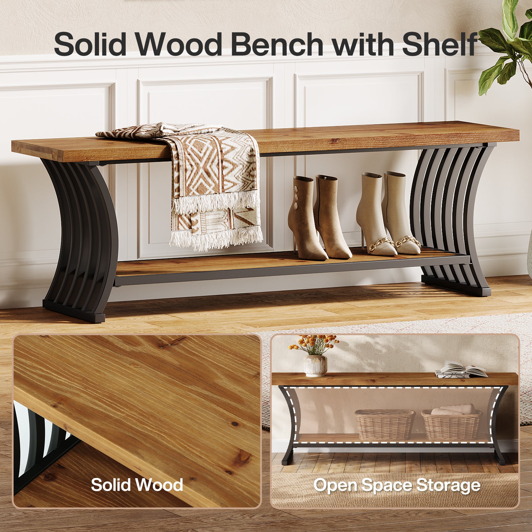 55" Entryway Bench, Wood End of Bed Shoe Bench with Shelf