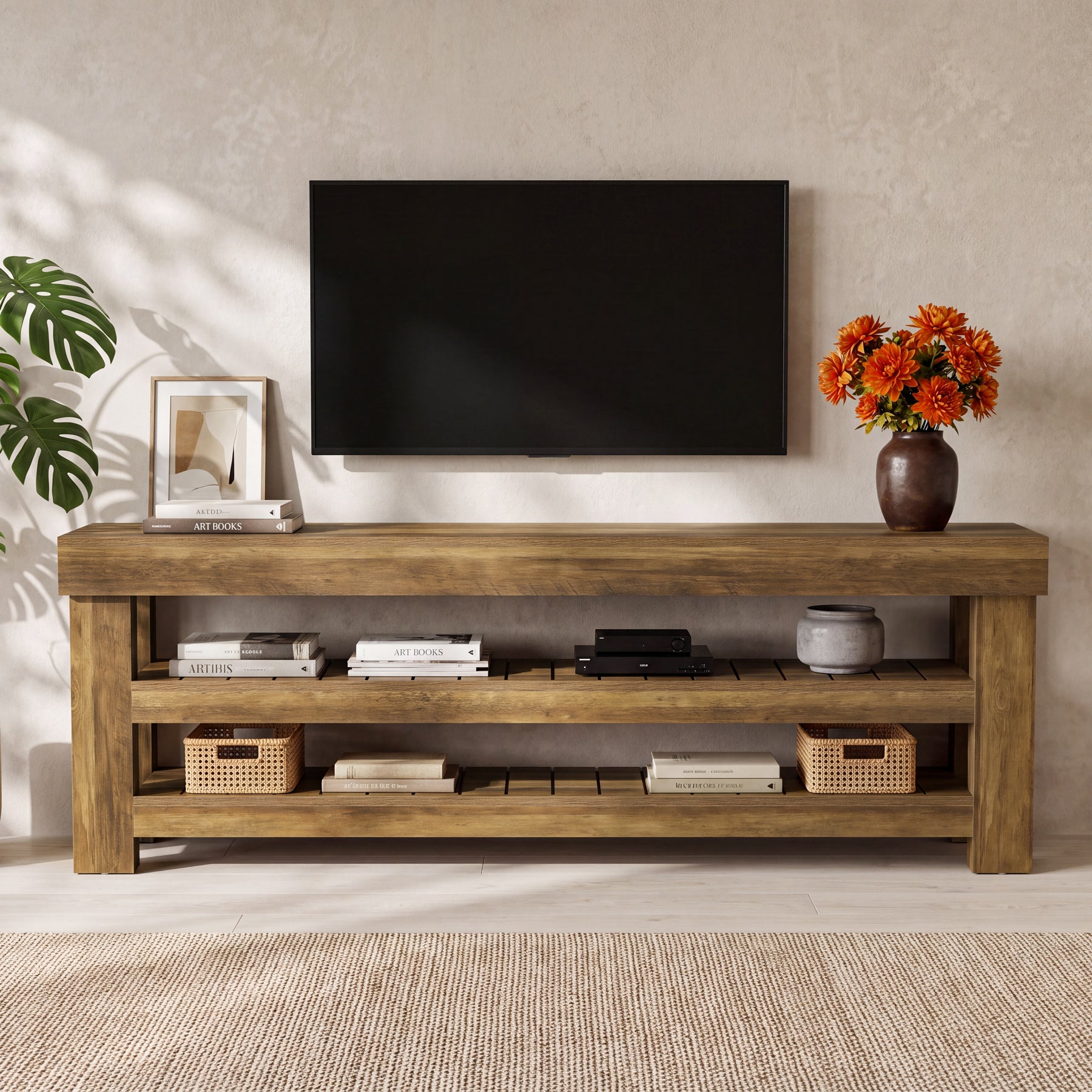 71" TV Stand for 85" TVs, Farmhouse Entertainment Center, 2-Tier Slatted Shelves