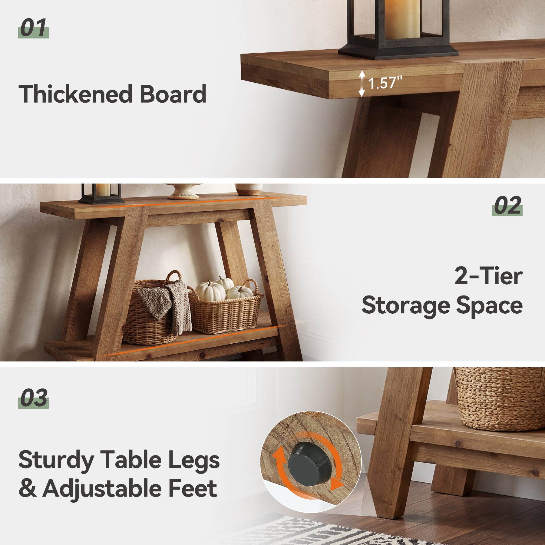 43" Narrow Console Table, 2-Tier Solid Wood Sofa Entryway Table