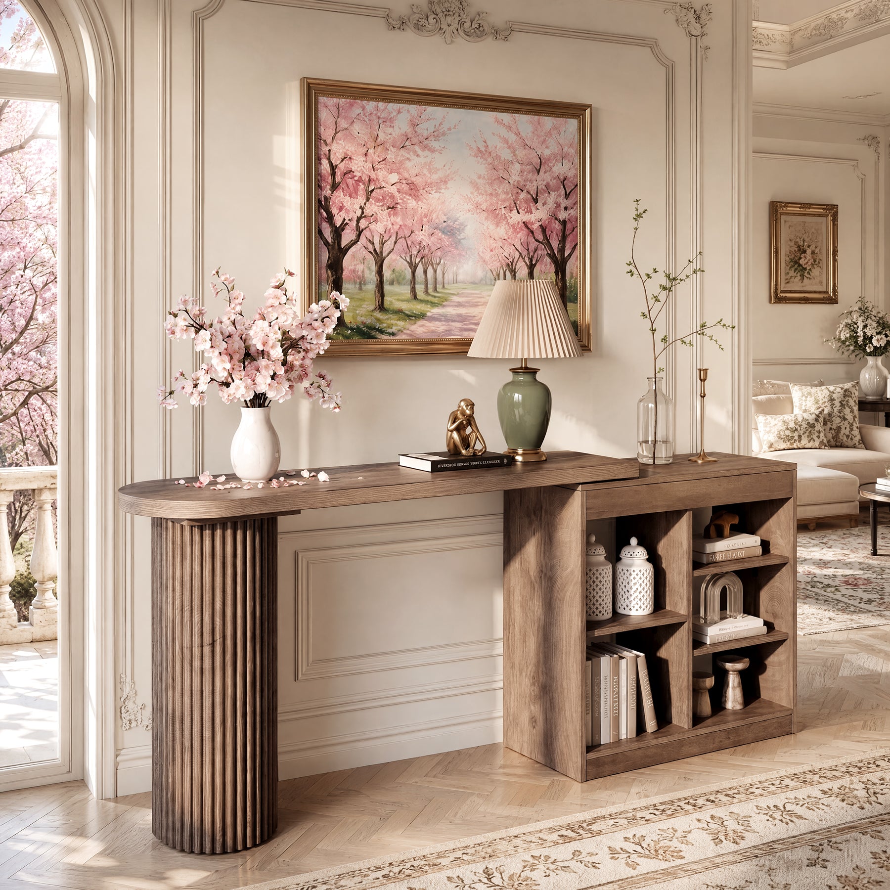 95" Extra-Long Console Table Sofa Table with 360° Rotatable Open Storage Shelves