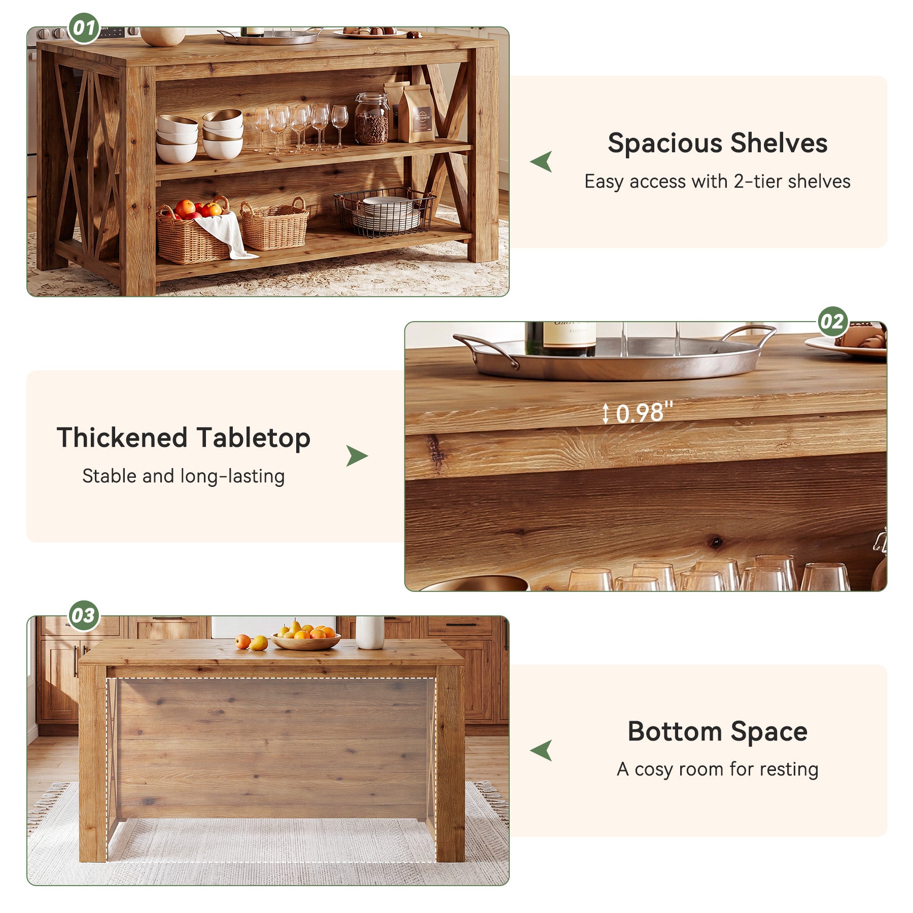 55" Solid Wood Kitchen Island, 3-Tier Stationary Storage Table For Kitchen Dining Room
