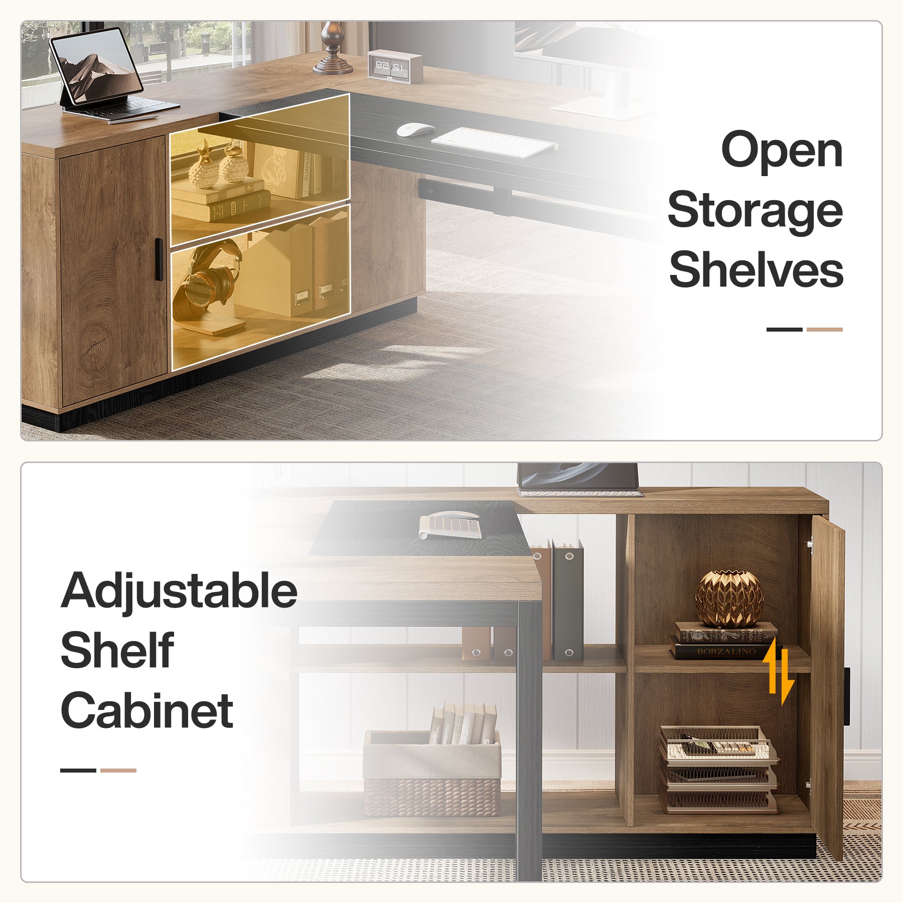 78" L-Shaped Executive Desk, Modern Office Desk with Cabinet Storage & Shelves