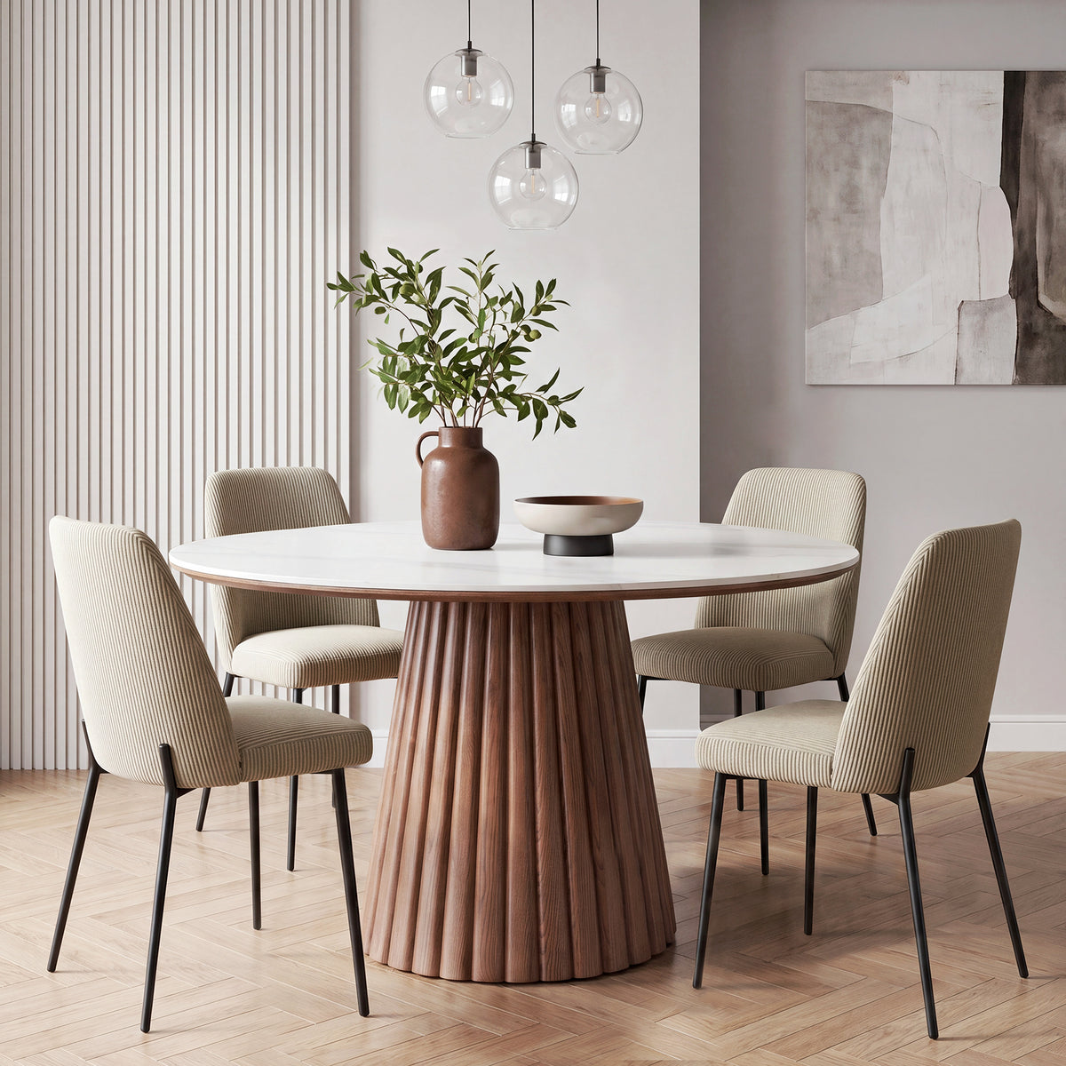 Round Sintered Stone Dining Table for 4 People, 47" Kitchen Table with Fluted Conical Pedestal