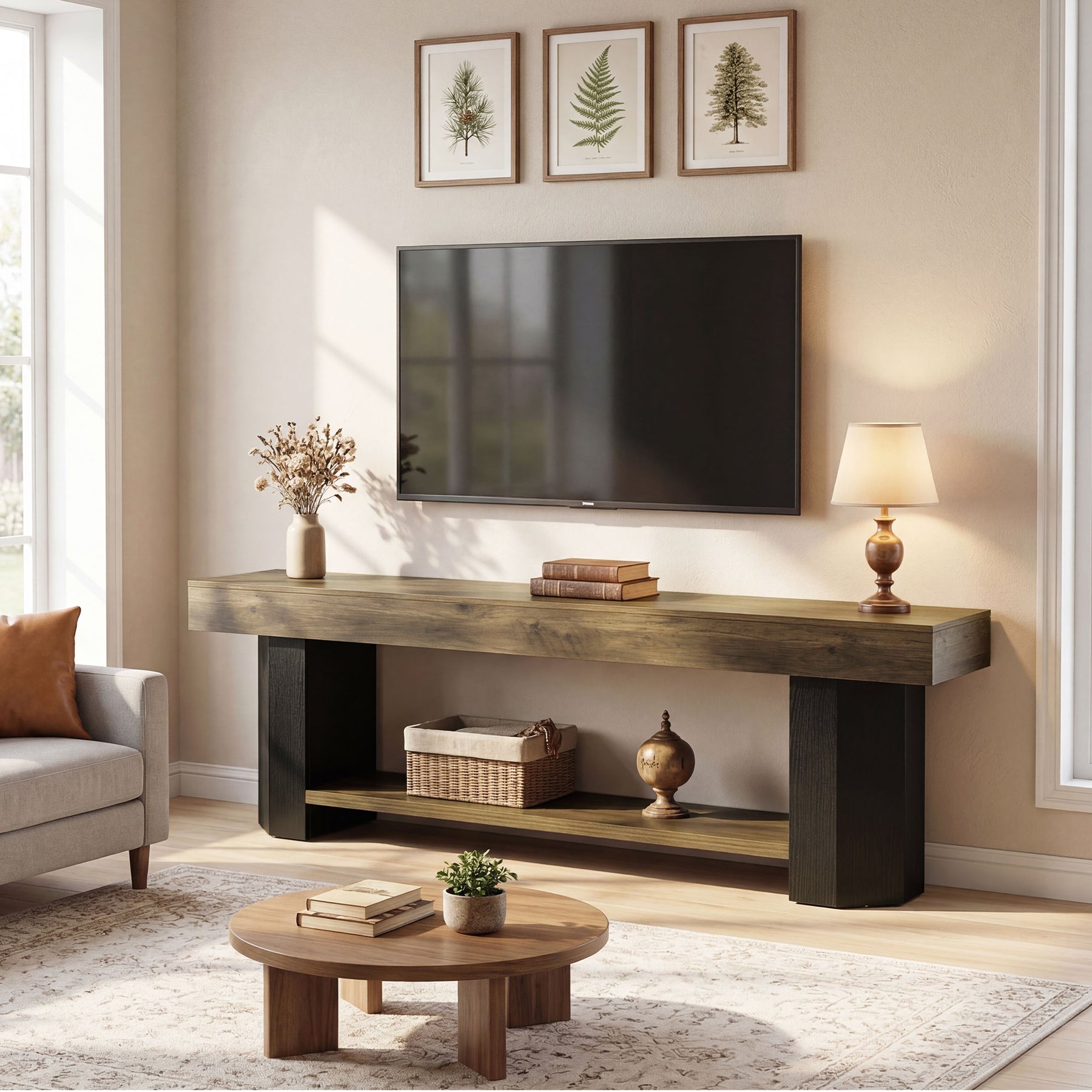 Tribesigns 63" TV Stand, Farmhouse TV Console with Shelf for Living Room