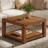 31.5" Solid Wood Coffee Table, Square Center Table with 2-Tier Open Shelf 3
