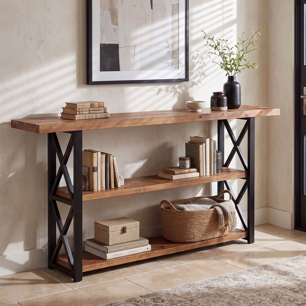 63" Solid Wood Console Table, 3-Tier Narrow Behind Couch Sofa Table, Entryway