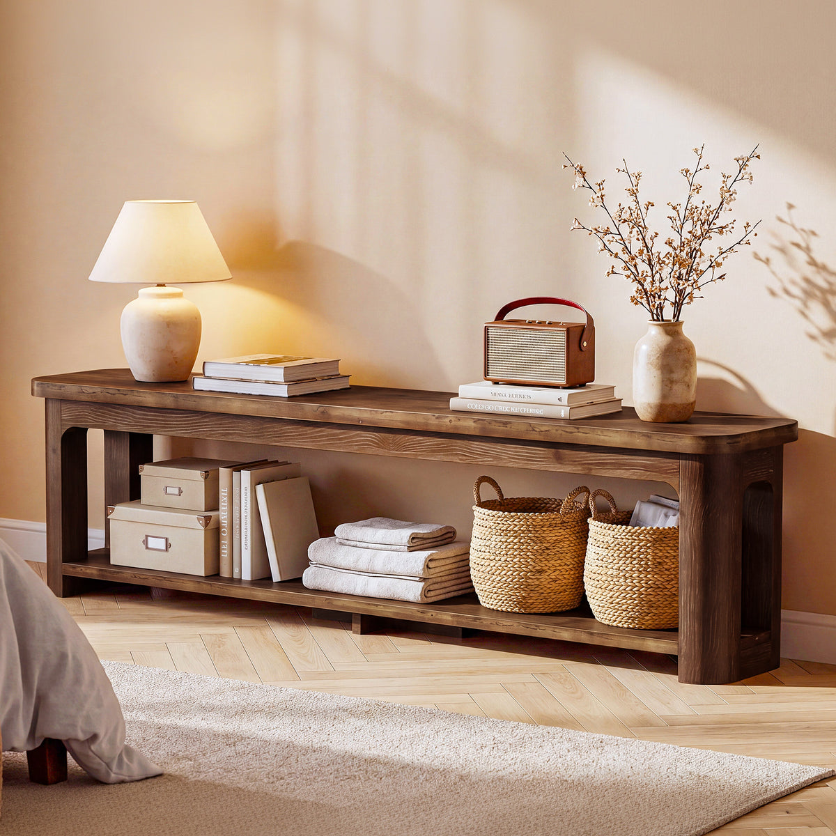 71 Inch Solid Wood TV Stand with Open Storage Shelf, Farmhouse Media Console for Living Room