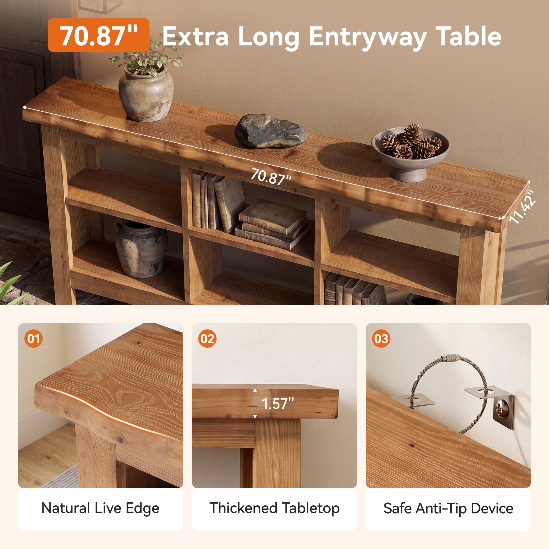 70.8" Long Console Table, 3-Tier Solid Wood Entryway Table with 6 Cubes Shelf