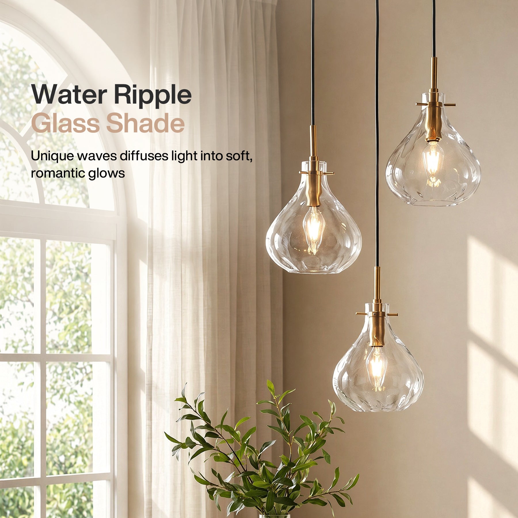 Modern 3-Light Pendant Lighting with Water Ripple Glass Shade, Kitchen Island Lighting with Adjustable Height