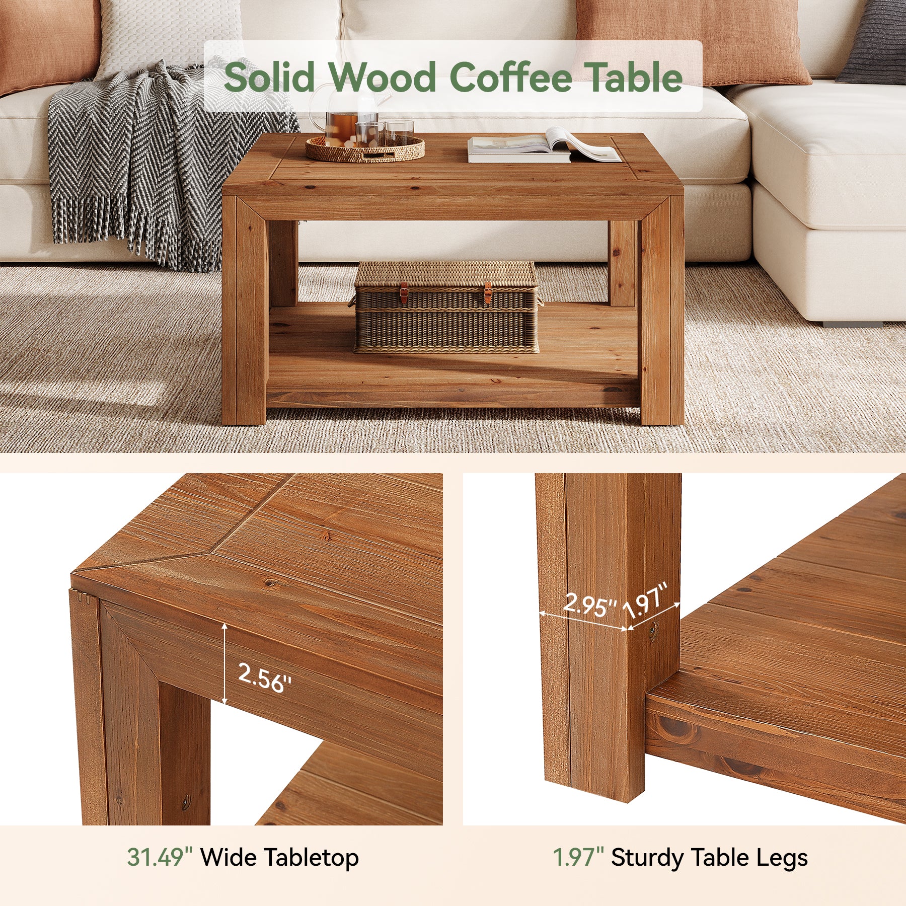 31.5" Solid Wood Coffee Table, Square Center Table with 2-Tier Open Shelf