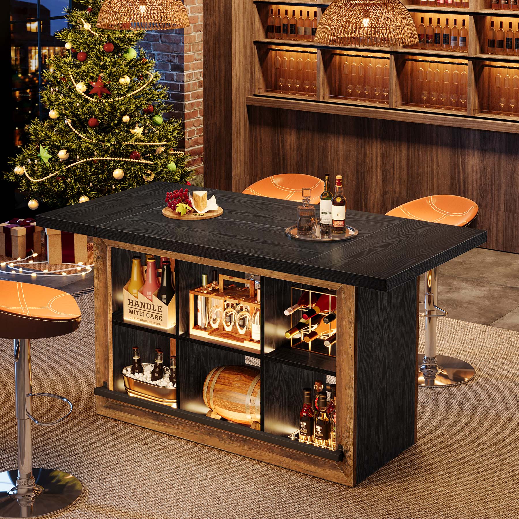 62.6" Bar Table, Rectangular Home Bar Cabinet Unit with 6 Spacious Cubbies