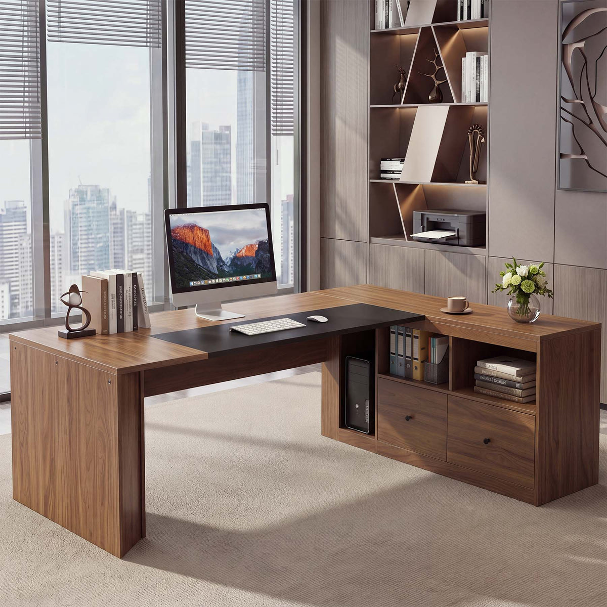 79" L-Shaped Executive Desk with File Cabinet, Modern Computer Desk with Storage for Home Office