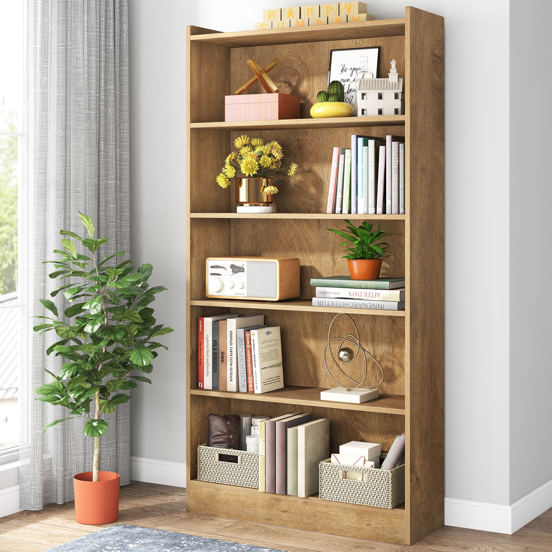 72" Tall Wood Bookcase, 5-Tier Bookshelf Open Shelves
