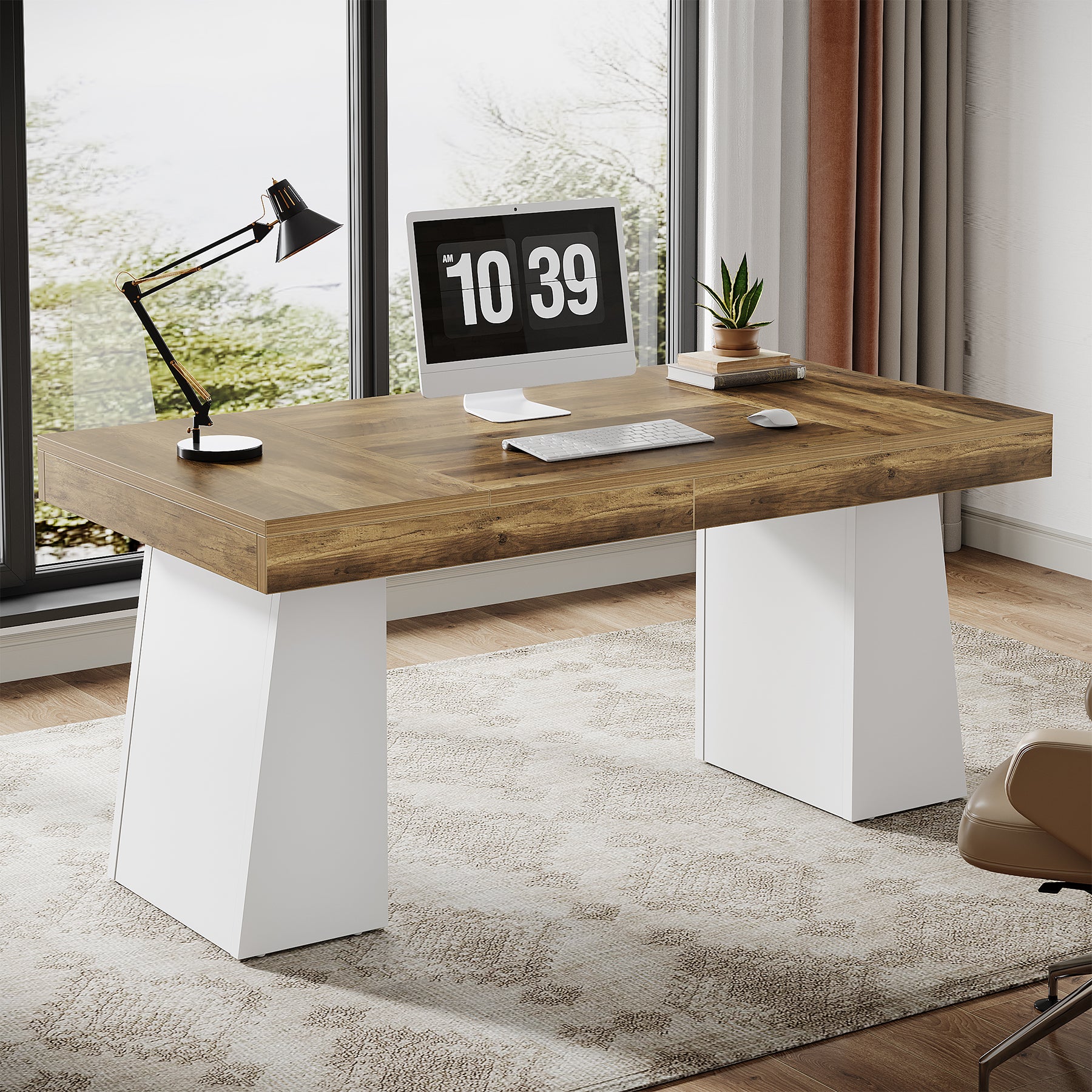 55" Executive Office Desk with Double Trapezoid Base, Modern Wooden Computer Desk for Home Office