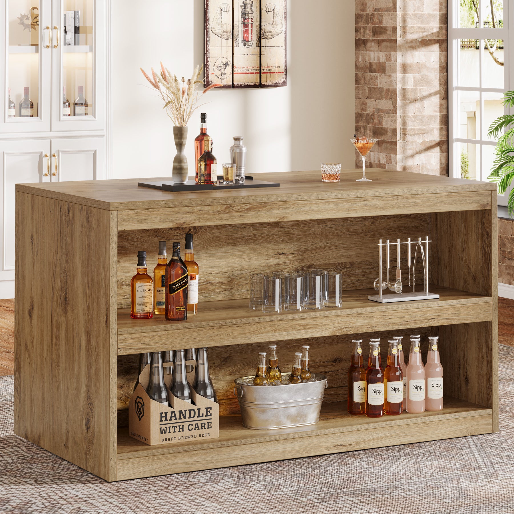 59" Home Bar Table, Rectangular Pub Table Coffee Bar Cabinet with 2-Tier Open Shelves