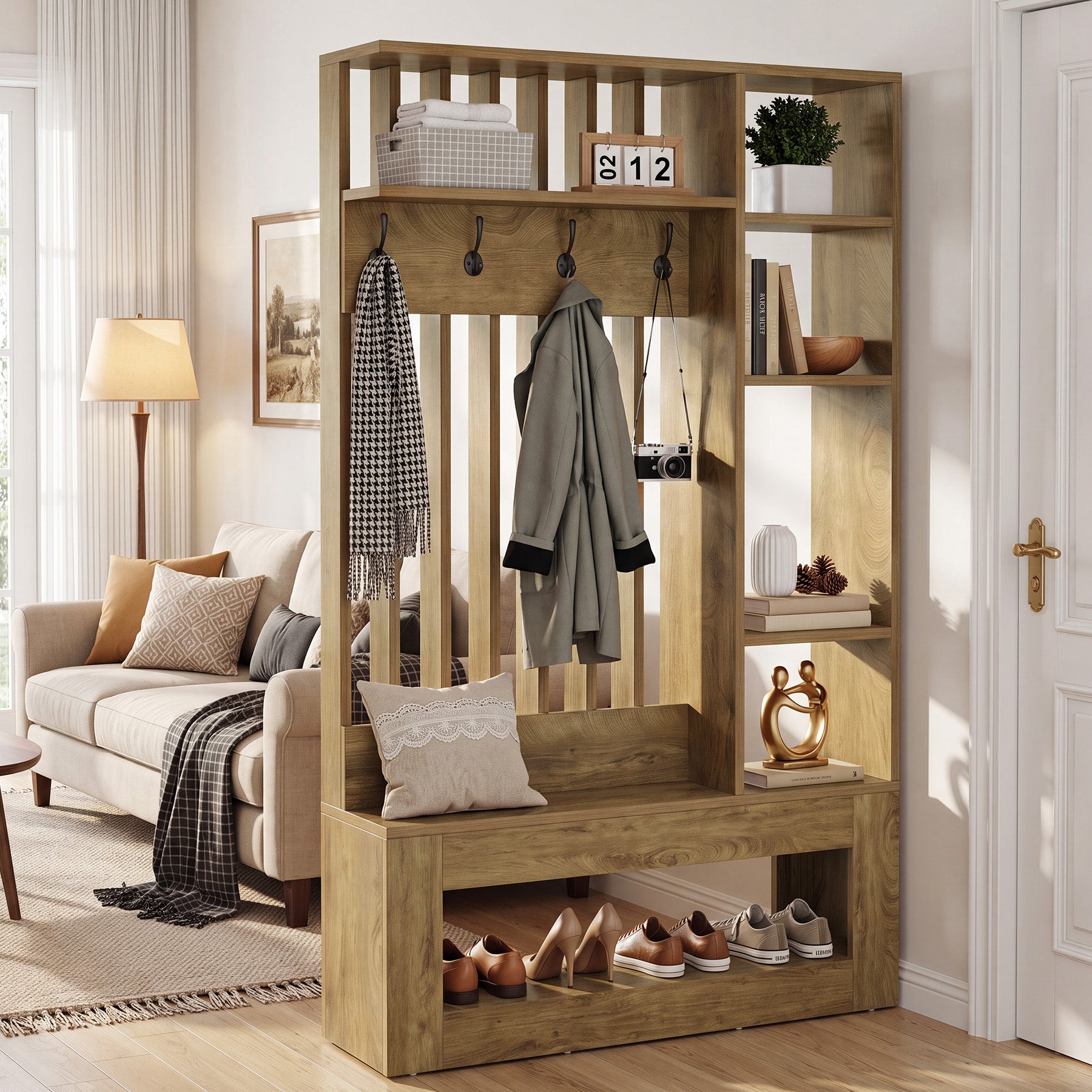 70.8"H Wall Room Divider, Freestanding Room Partition with Shelves and Coat Hooks