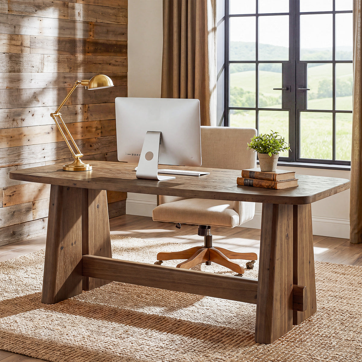 63" Farmhouse Solid Wood Executive Desk with Thick Tabletop, Home Office Desk