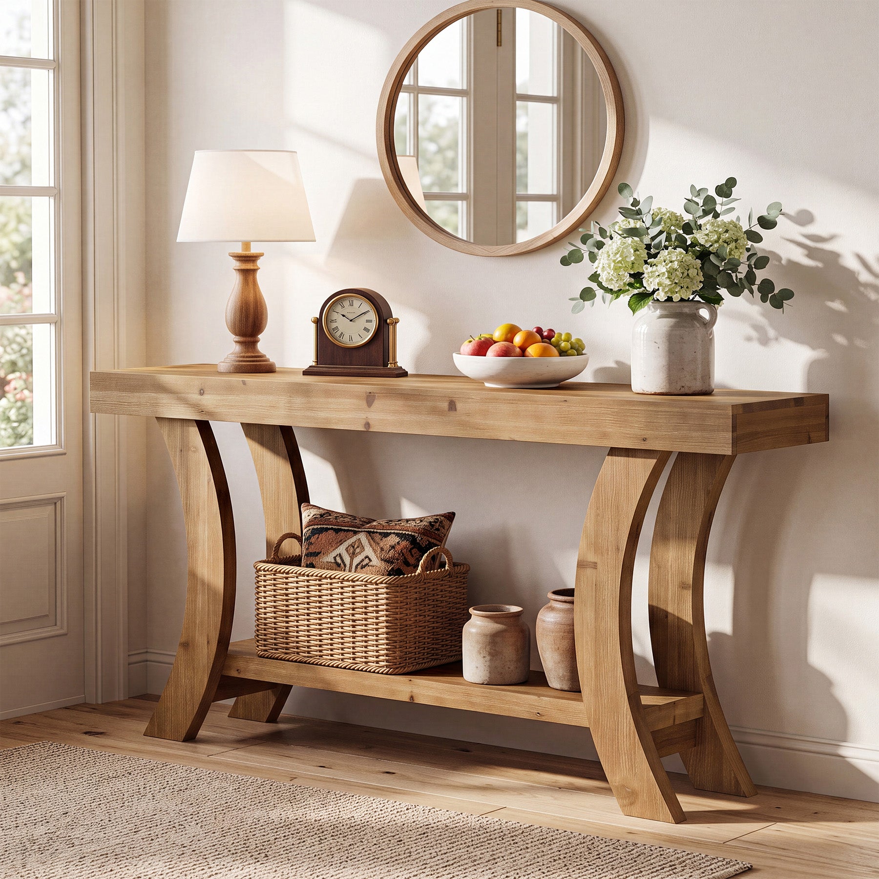 63" Solid Wood Console Table, Farmhouse Sofa Table with Storage Shelf & Arch Frame