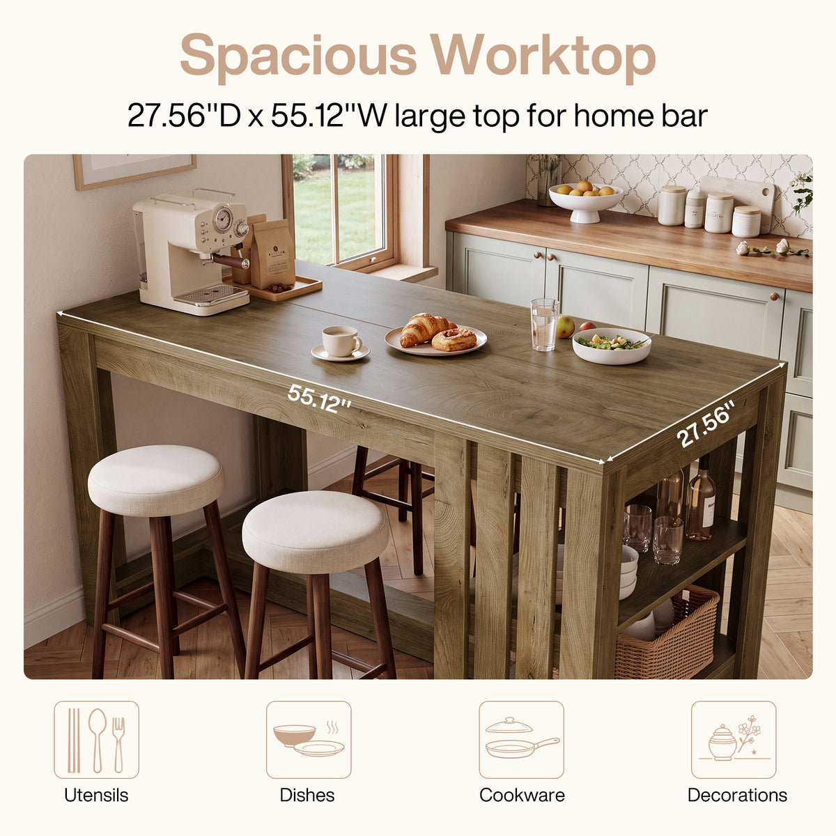 55" Kitchen Island, Farmhouse Stationary Island Table with 2-Tier Storage & Slatted Side Panel