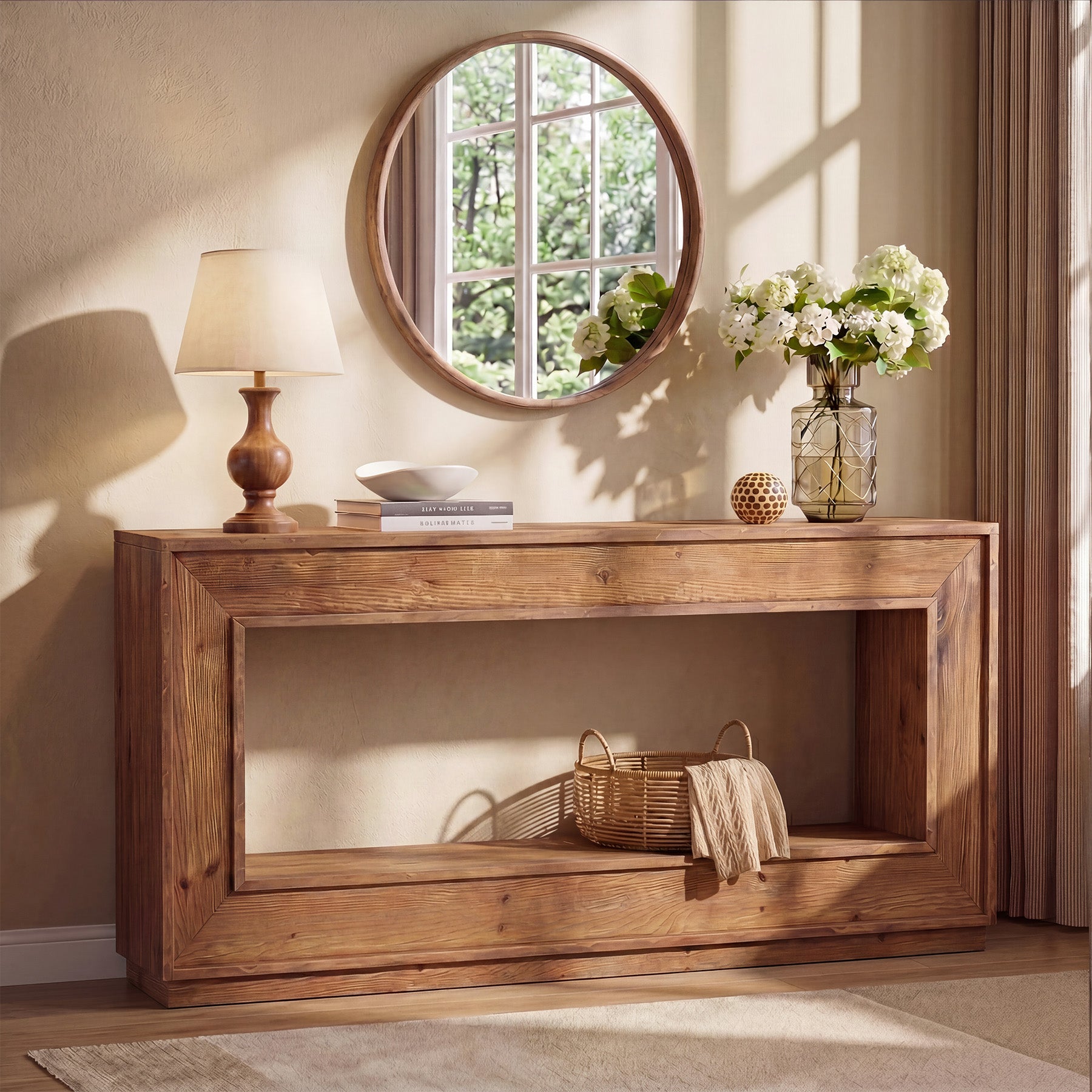 63" Solid Wood Console Table, Farmhouse Entryway Table with Storage for Living Room