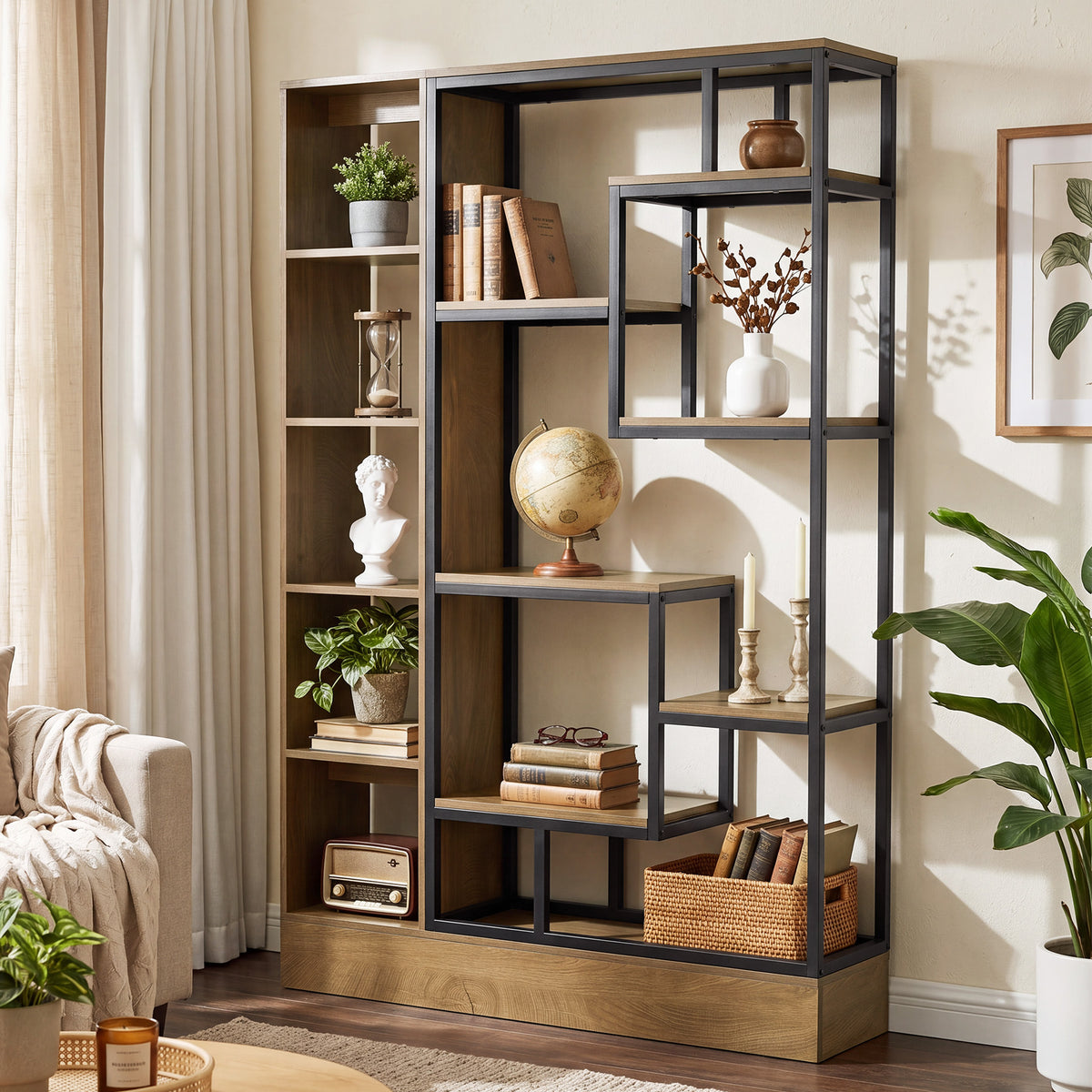 70.9" Bookcase, Industrial Bookshelf Display Rack with Open Shelves & Metal Frame