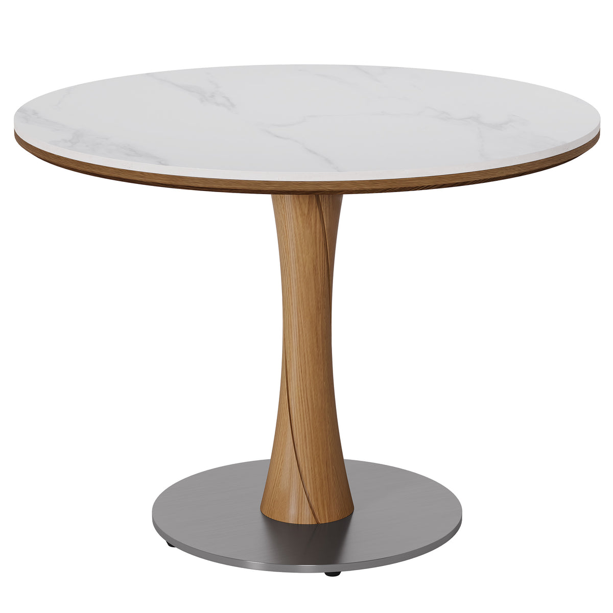 35" Round Dining Table for 2-4, Sintered Stone Top, Rubberwood Pillar & Steel Base