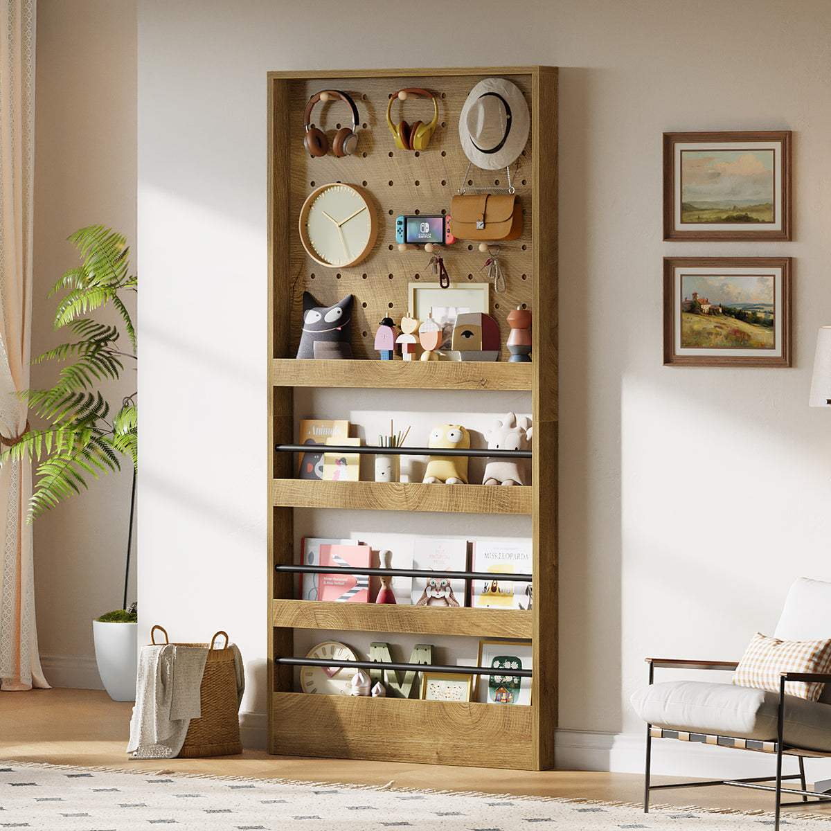 70" Tall Behind-the-Door Bookshelf with Pegboard & Hooks, Slim Wall-Mounted Storage