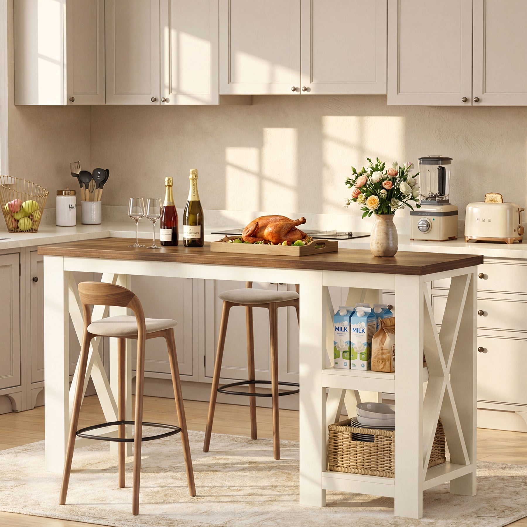 62.2" Kitchen Island, Large Counter Height Bar Table with Side Storage Shelves
