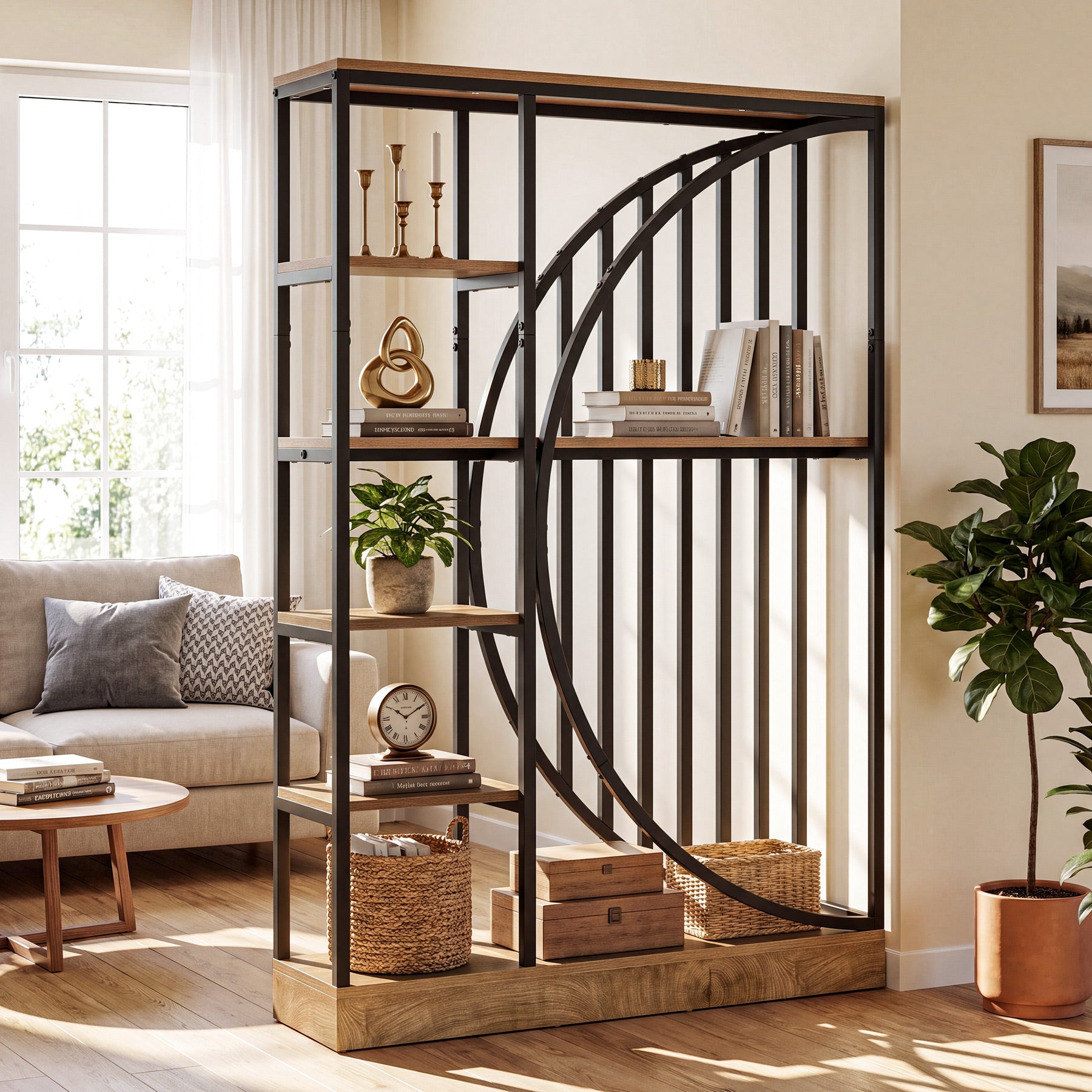 70.9" Tall Wall Room Divider, Freestanding Room Partition Screen with 5-Tier Storage Shelves