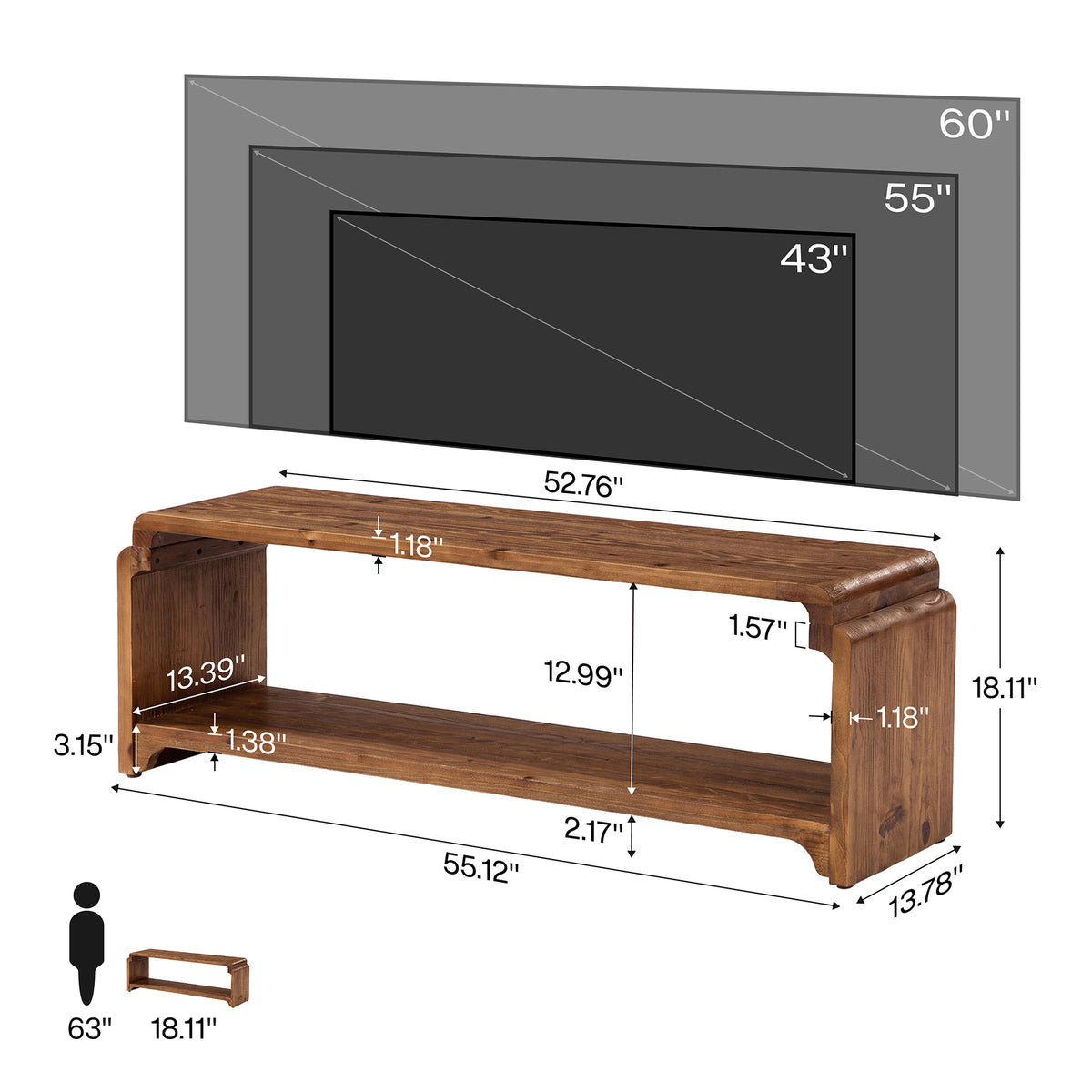 55.12" Solid Wood TV Stand for TVs up to 60", Farmhouse Media Console with Storage Shelves