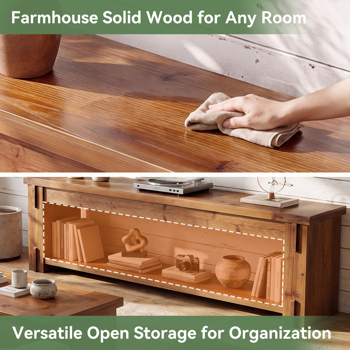 71" Farmhouse Solid Wood TV Stand for TVs Up to 75", 2-Tier Open Storage