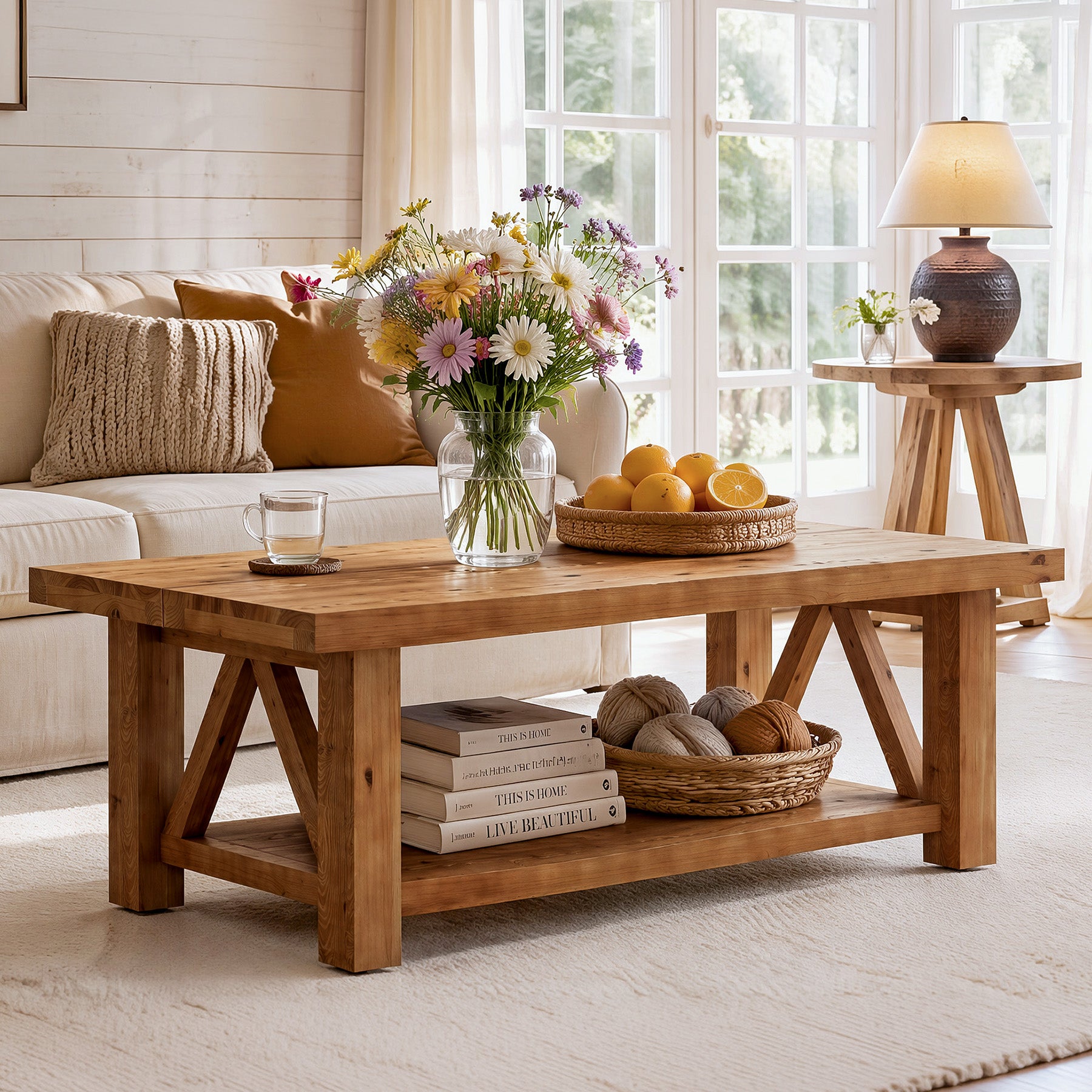 55" Rectangular Coffee Table, 2-Tier Solid Wood Center Table for Living Room