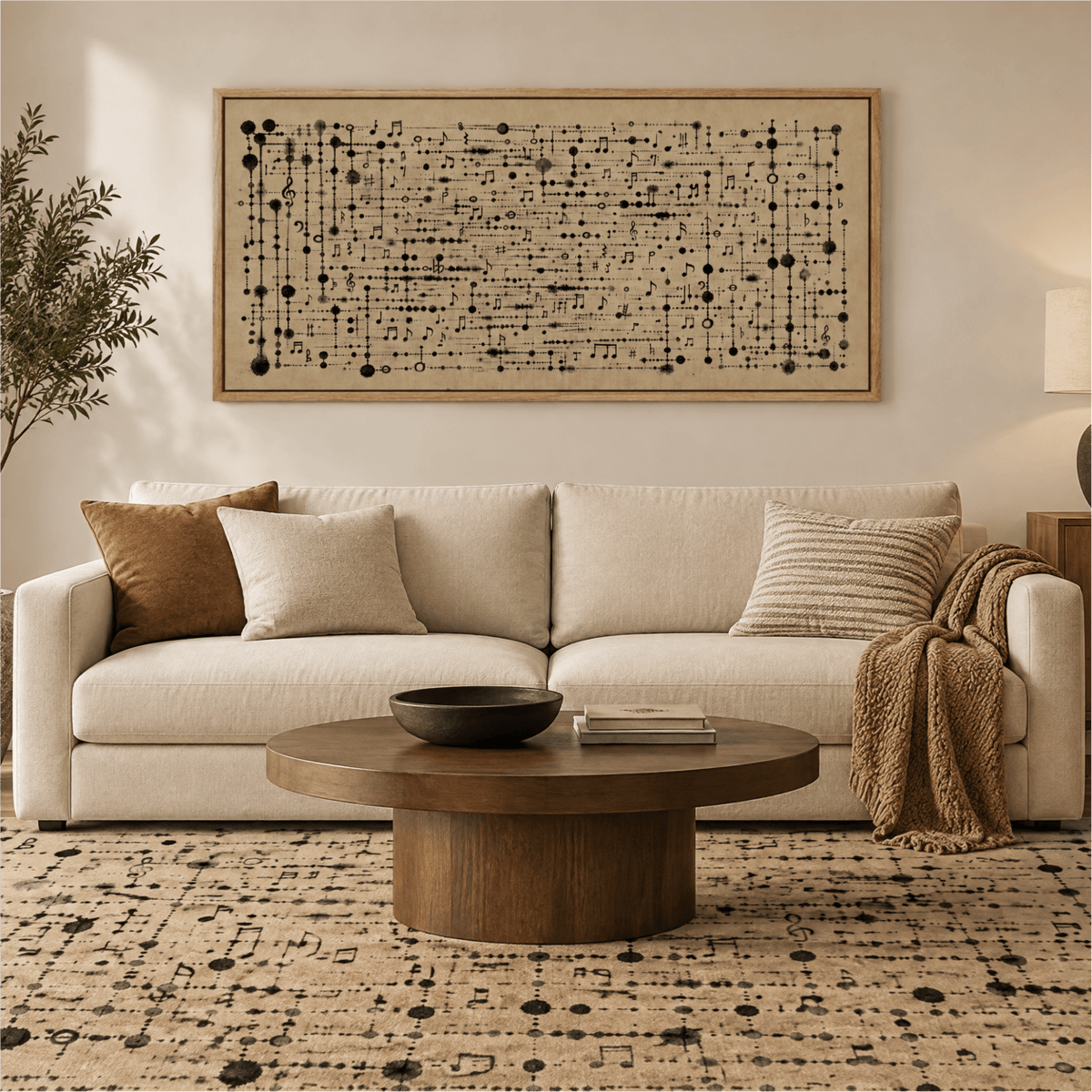 Large Modern Abstract Music Canvas, Neutral Minimalist Framed Wall Art