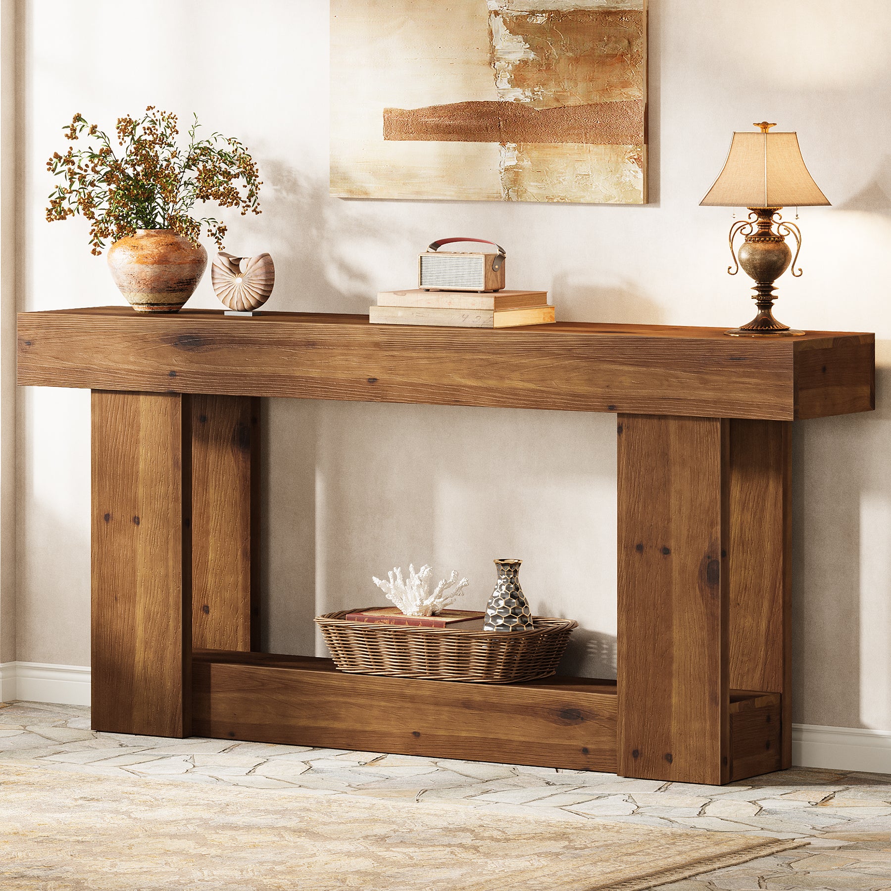 2-Tier Solid Wood Console Table, 63" Entryway Table with U-Shaped Base