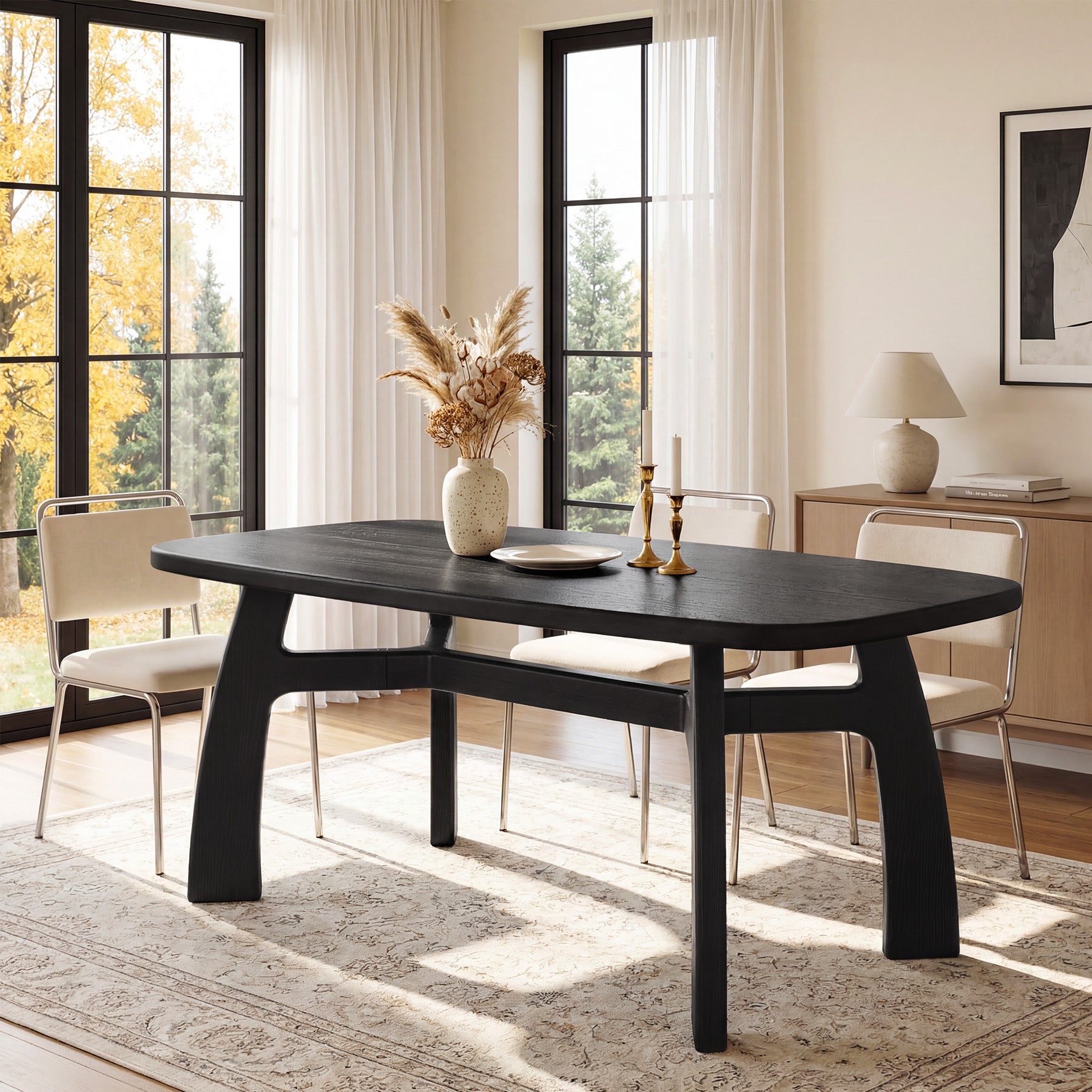 63-Inch Dining Table for 6-8, Solid Wood Kitchen Table with H-Frame for Dining Room