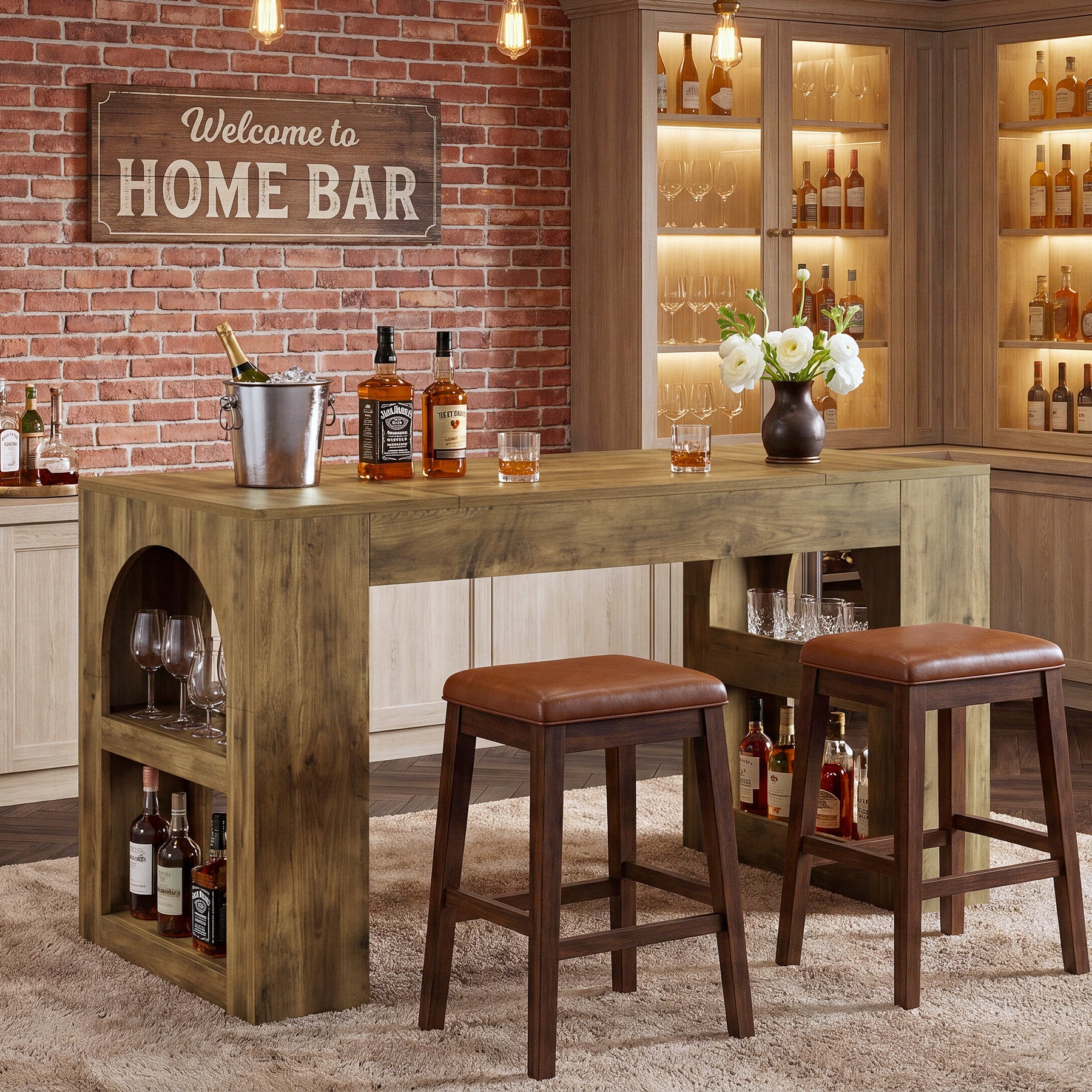 63" Counter Height Bar Table with Side Storage, Industrial Counter Table for Home Bar & Dining Room