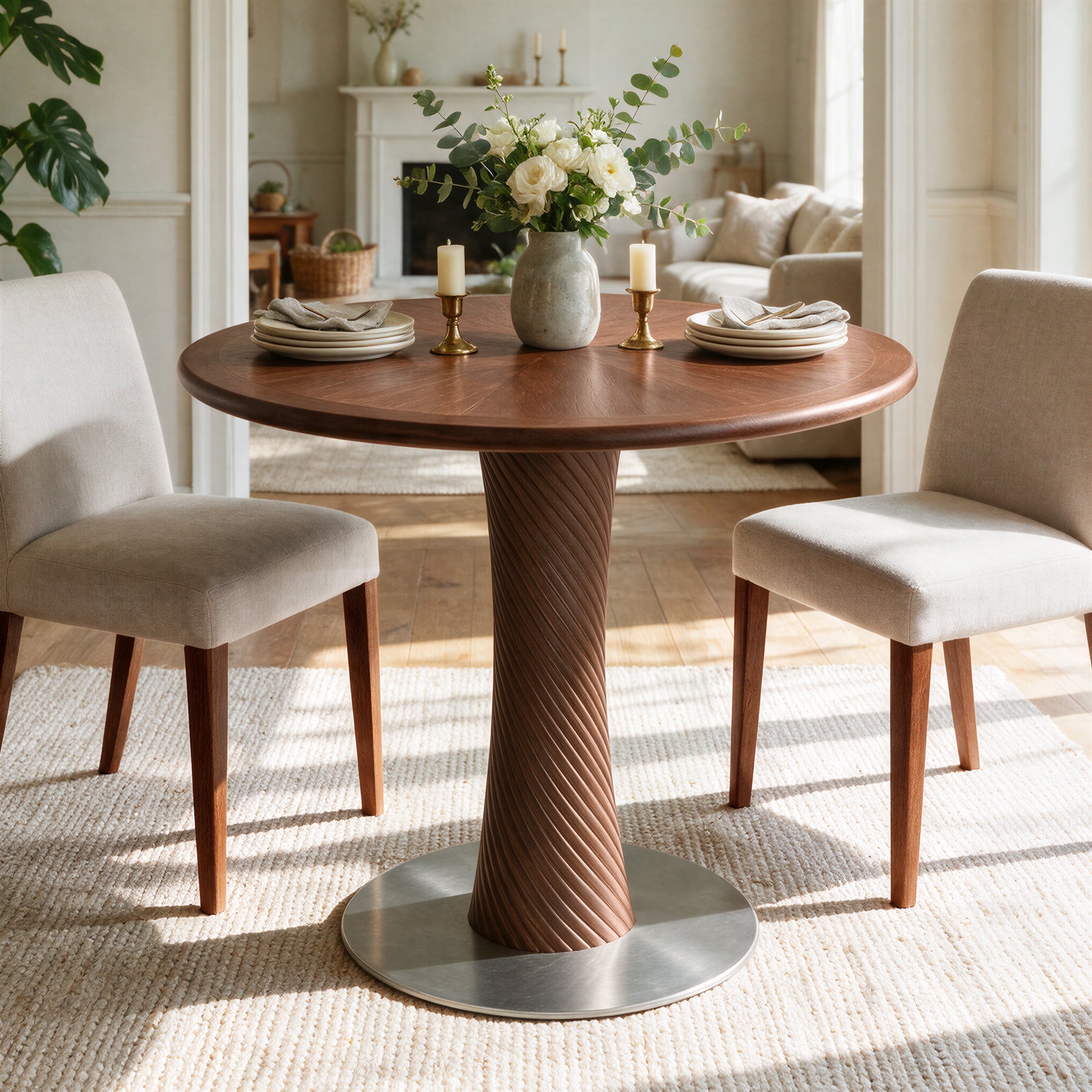 31.5” Round Dining Table, Solid Wood Kitchen Table with Hourglass Pedestal for 2