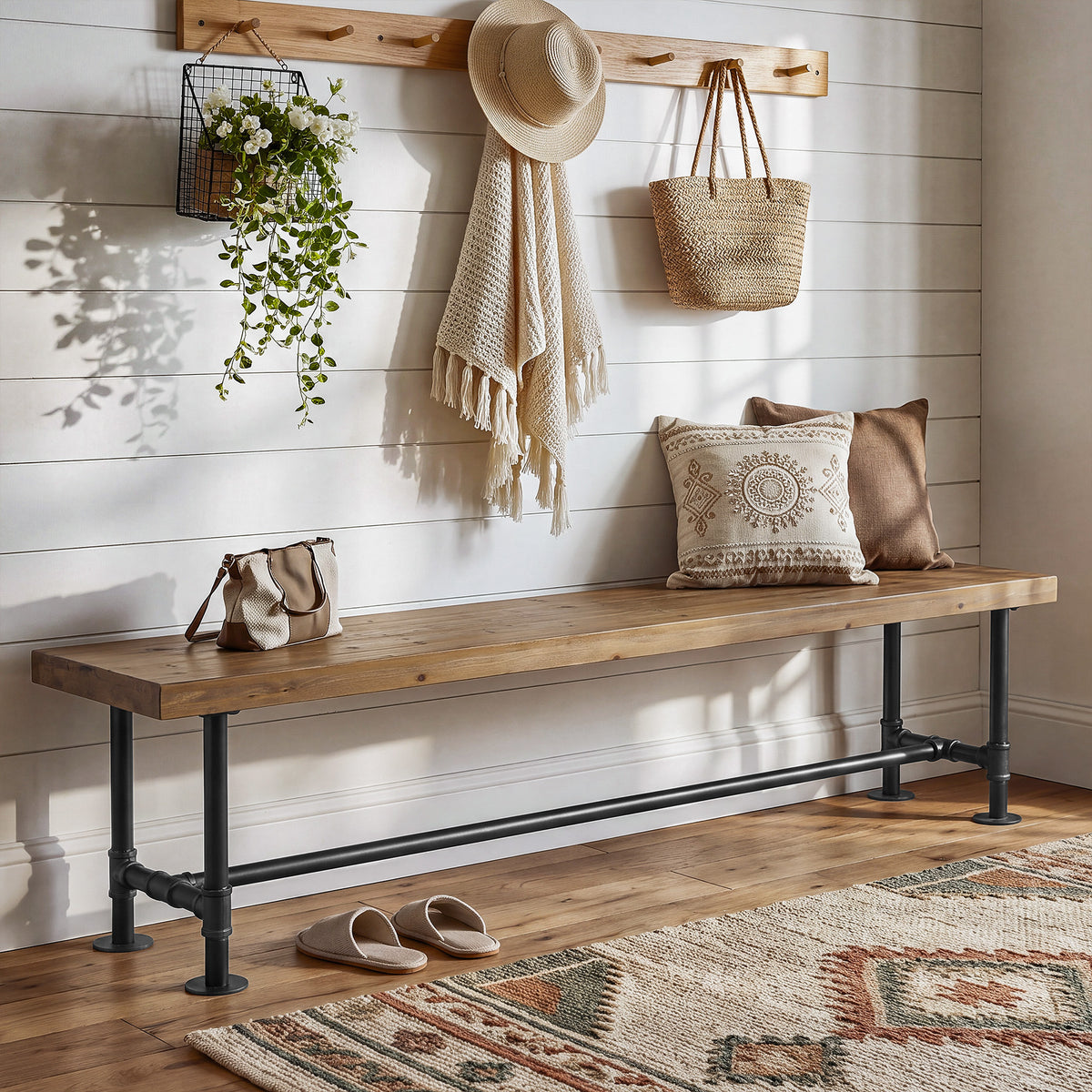 71" Solid Wood Entryway Bench, Industrial Shoe Bench with Metal Pipe Legs for Hallway