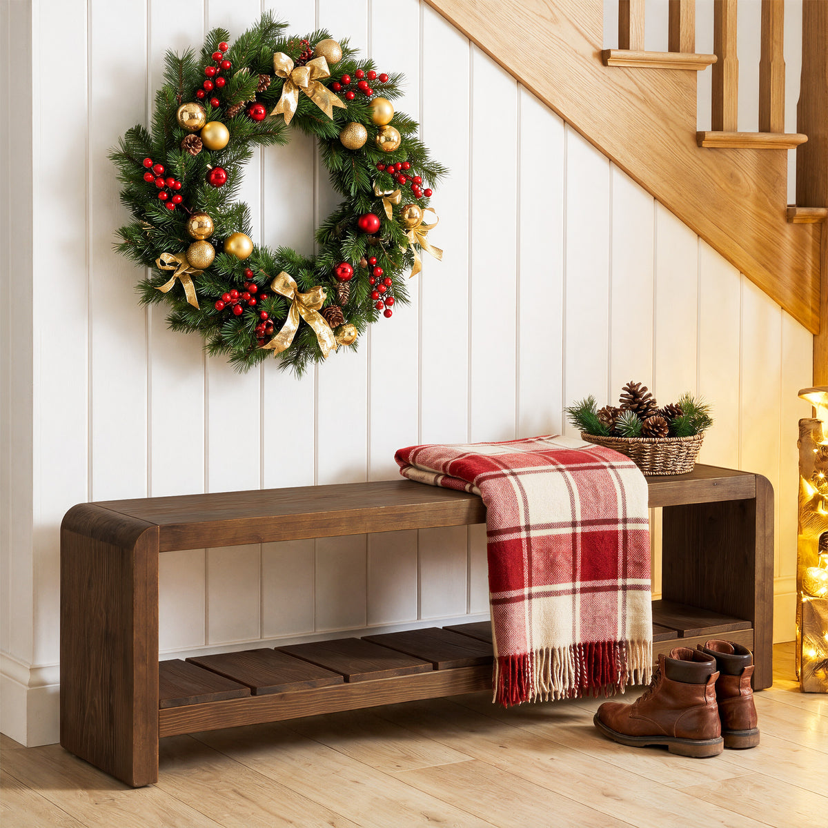 59" Solid Wood Entryway Bench, Farmhouse End of Bed Seating Shoe Bench with Storage
