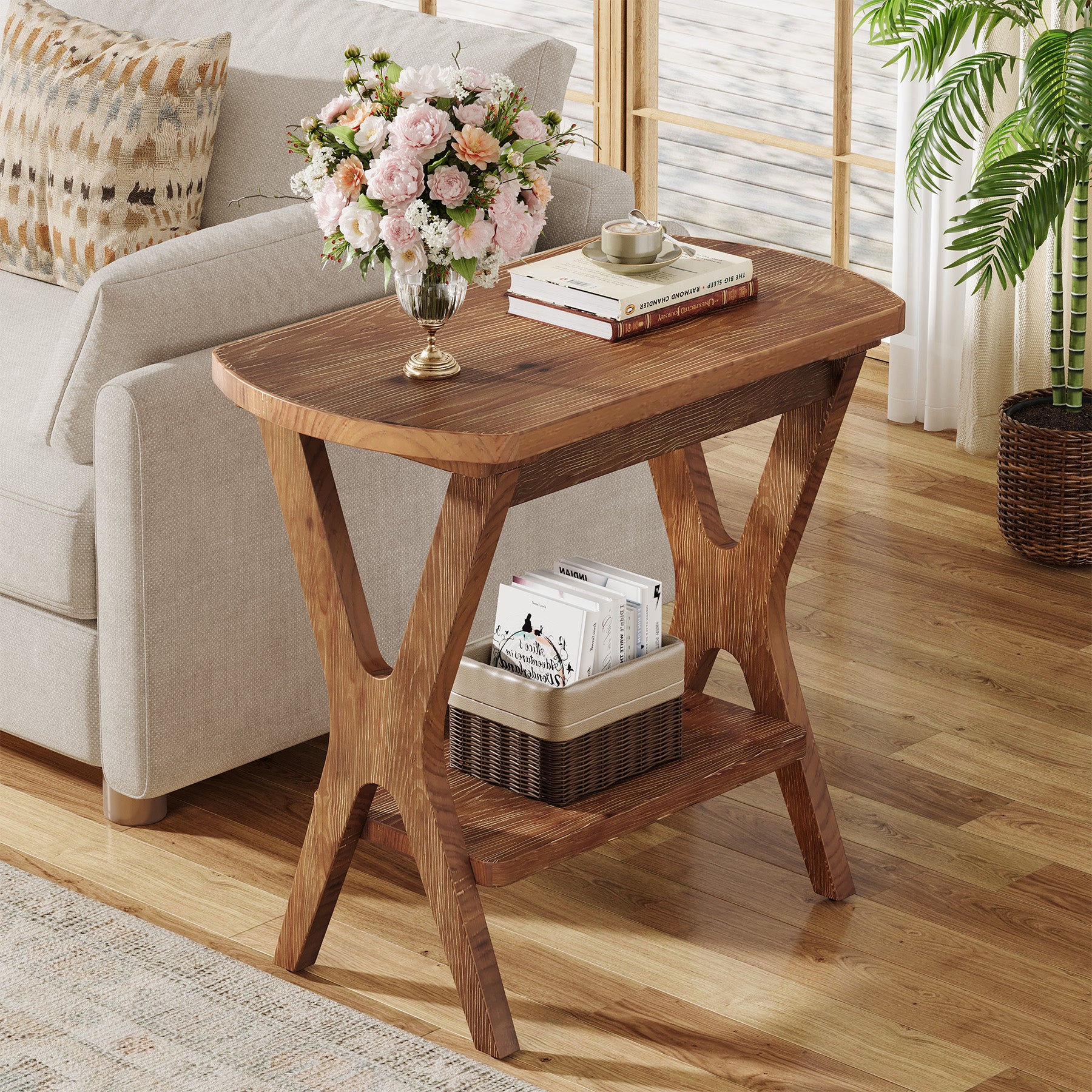 Solid Wood Side Table, 2-Tier End Table Nightstand with Storage for Living Room