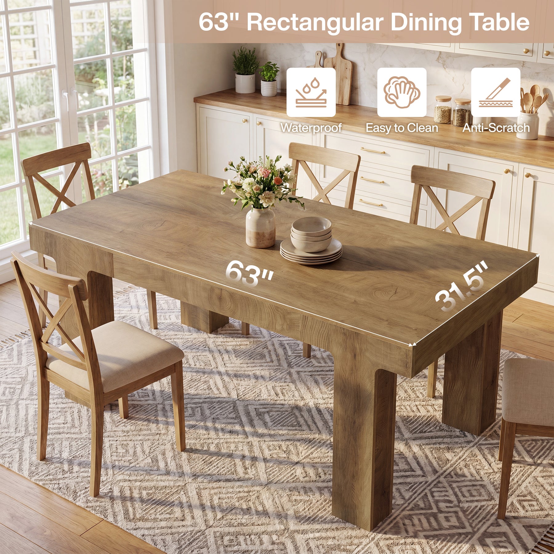 63" Dining Table for 4-6 People, Rectangular Kitchen Table with Smooth Curved Edge