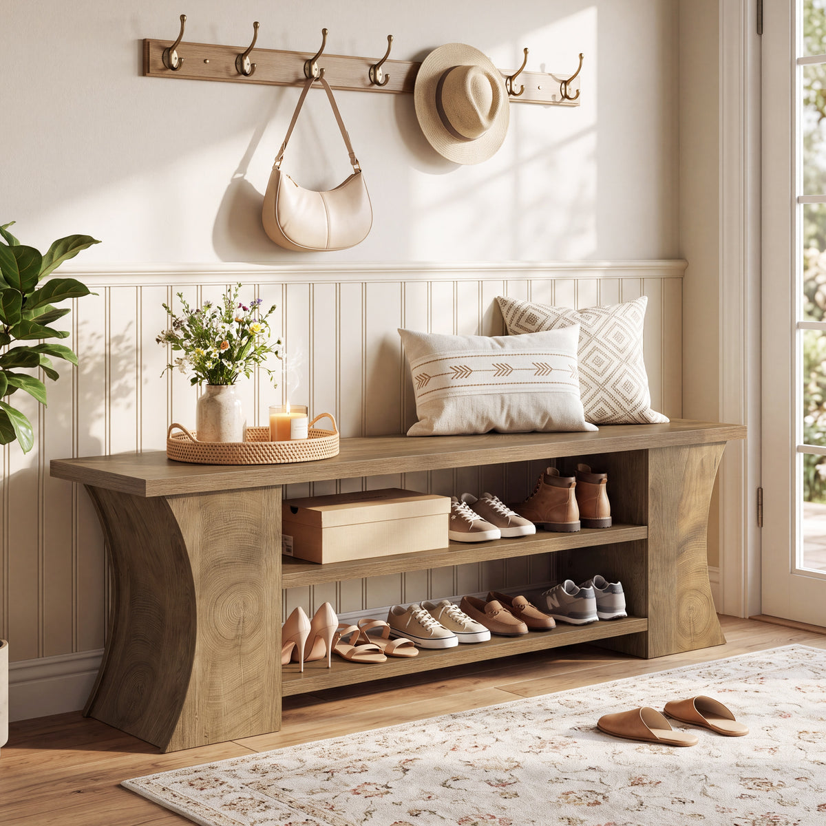 63" Entryway Bench with Shoe Storage, 3-Tier Farmhouse Shoe Bench for Hallway